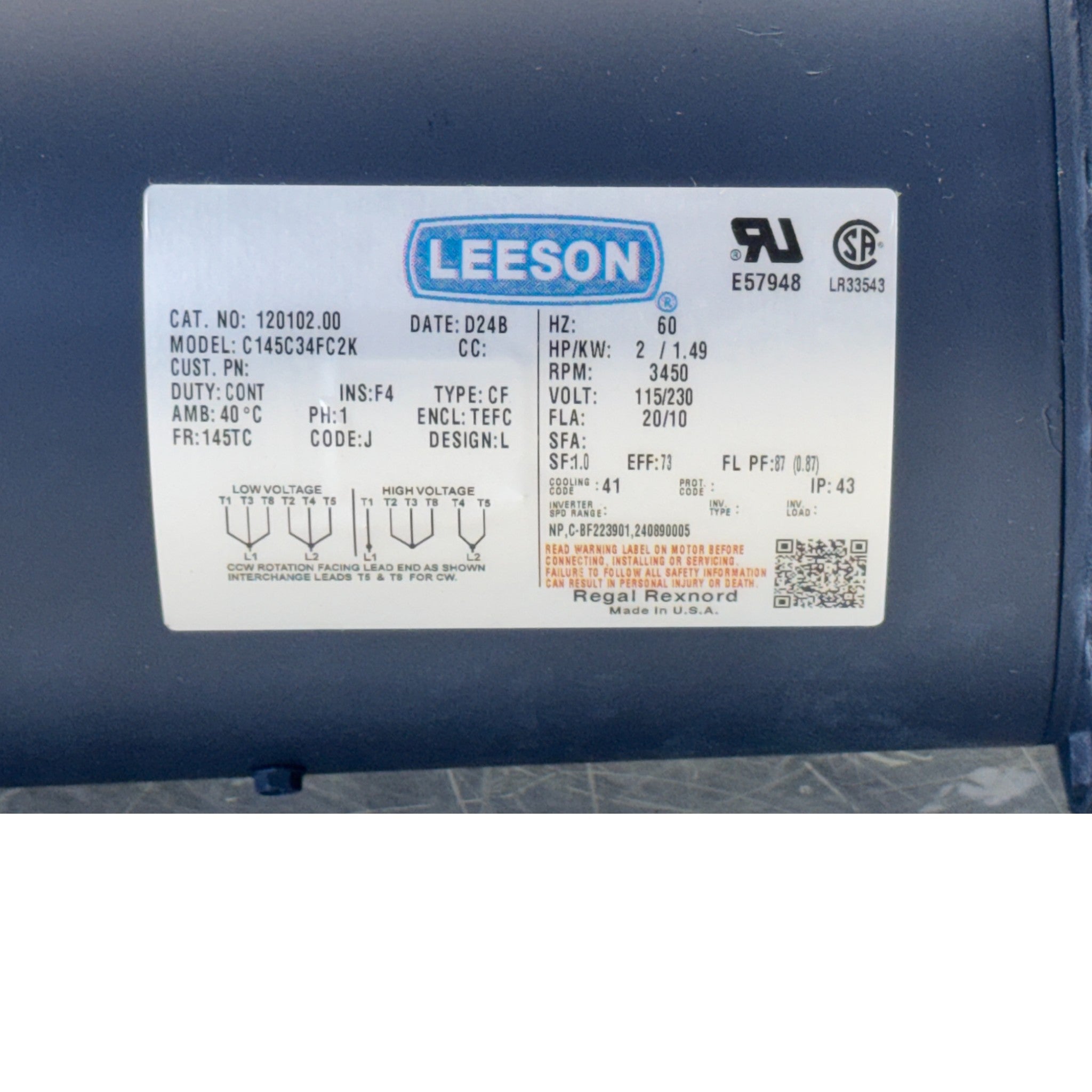 120102.00 Leeson Electric Motor 115/208-230V