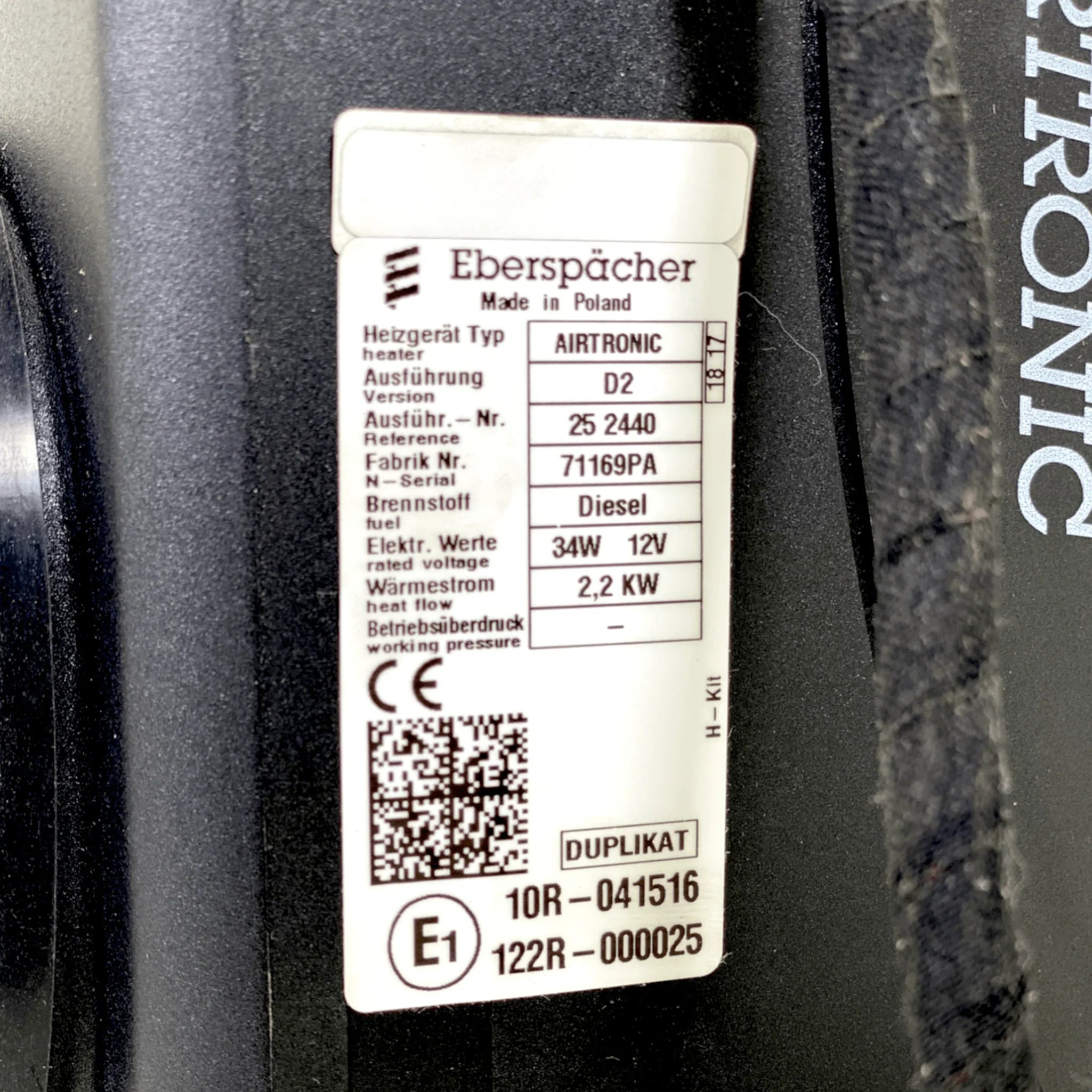 252069050000 Genuine Eberspacher Air Heater Airtronic D2 12V Diesel