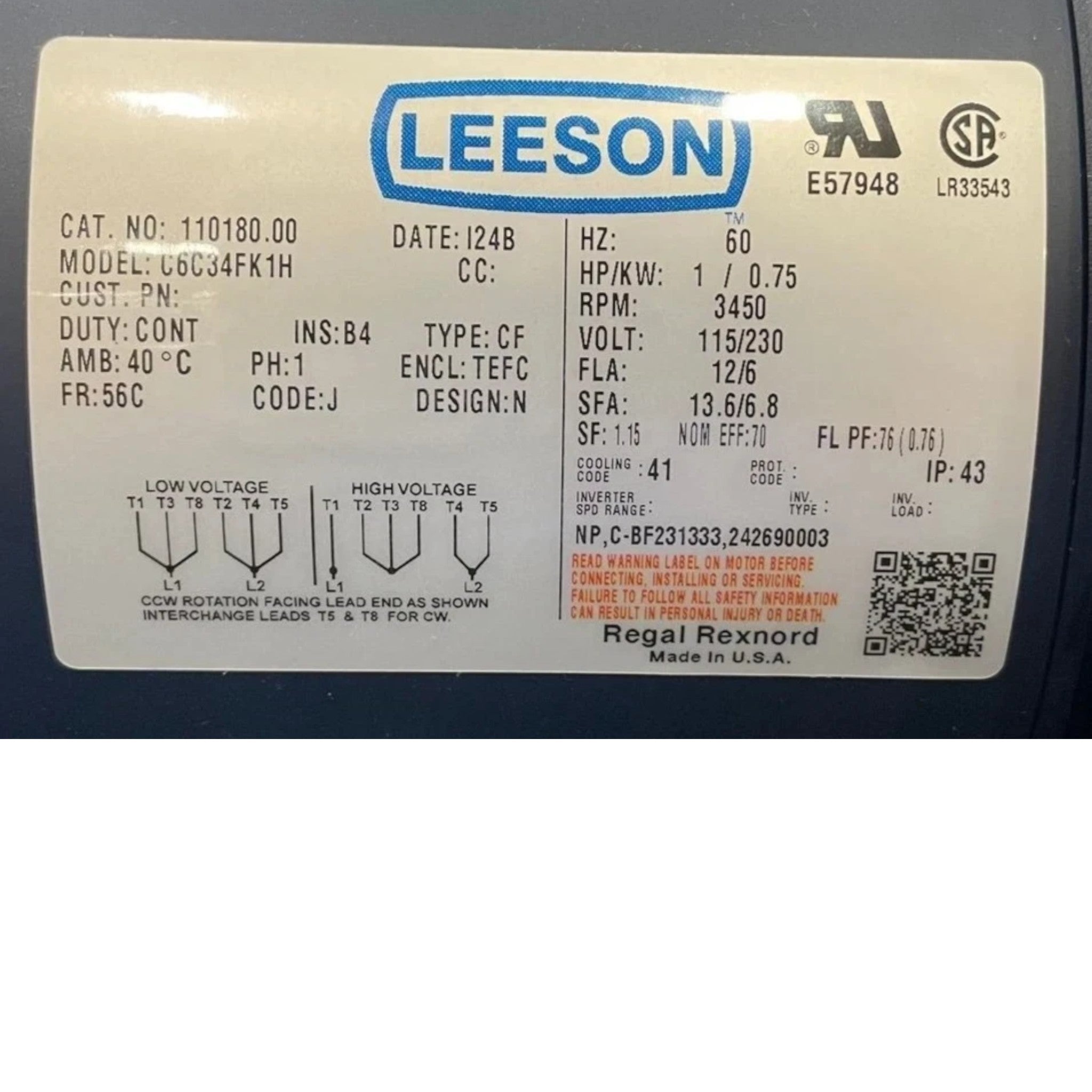110180.00 Leeson General Purpose Motor 115/230V