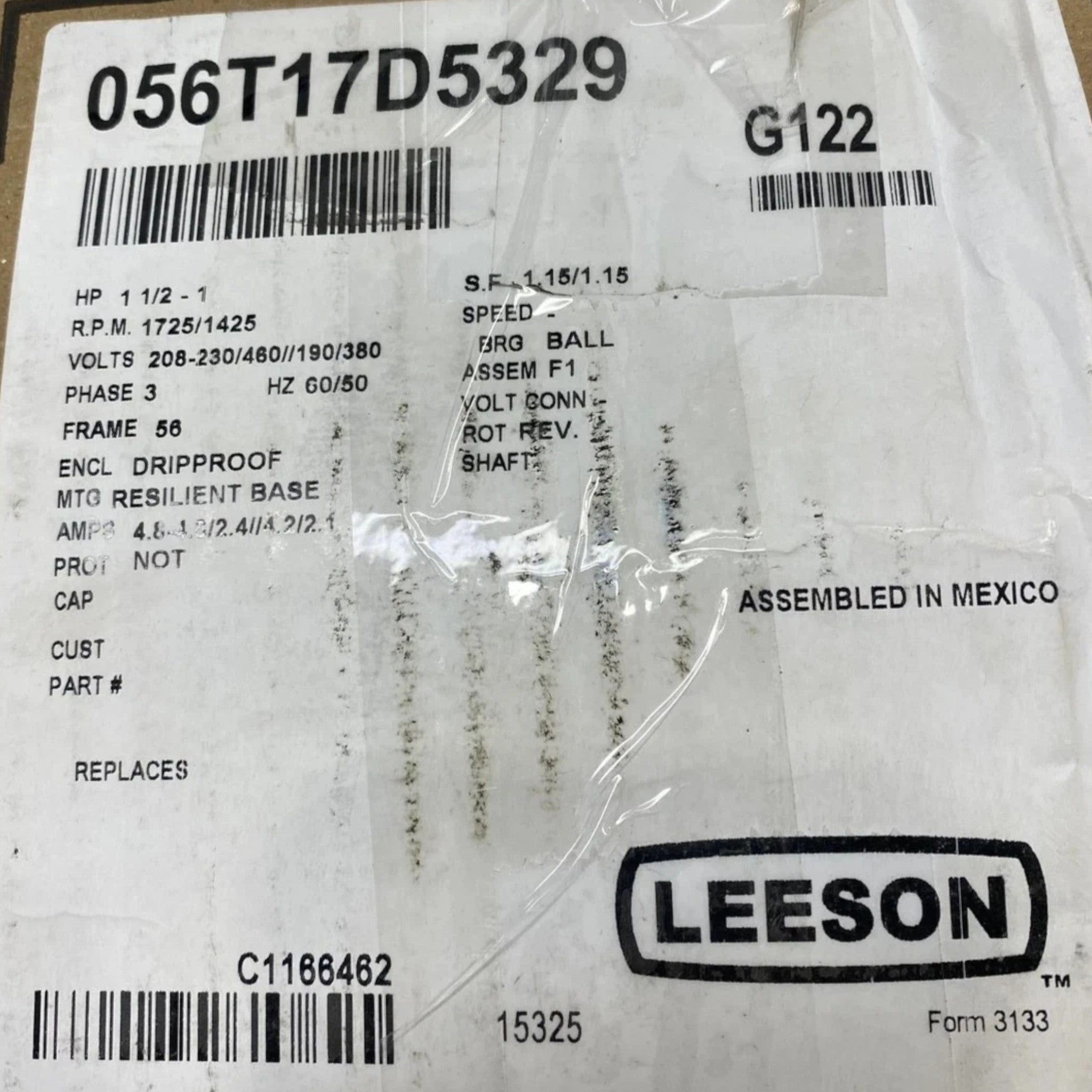 056T17D5329 Genuine Leeson Fan Motor 208-230/460 190/380V