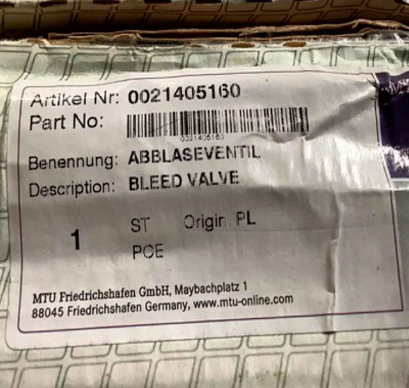 0021405160 Genuine MTU Bleed Valve
