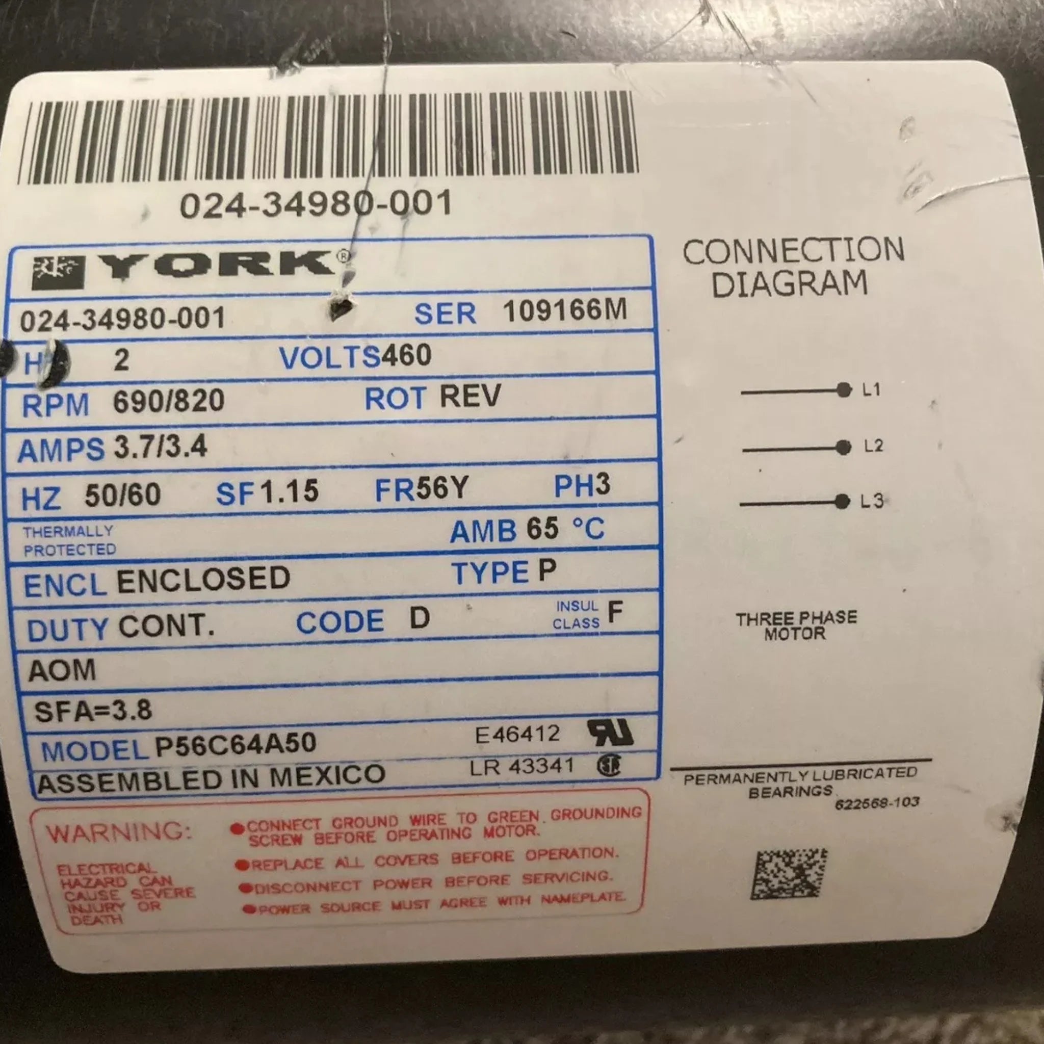024-34980-001 Genuine York Electric Fan Motor