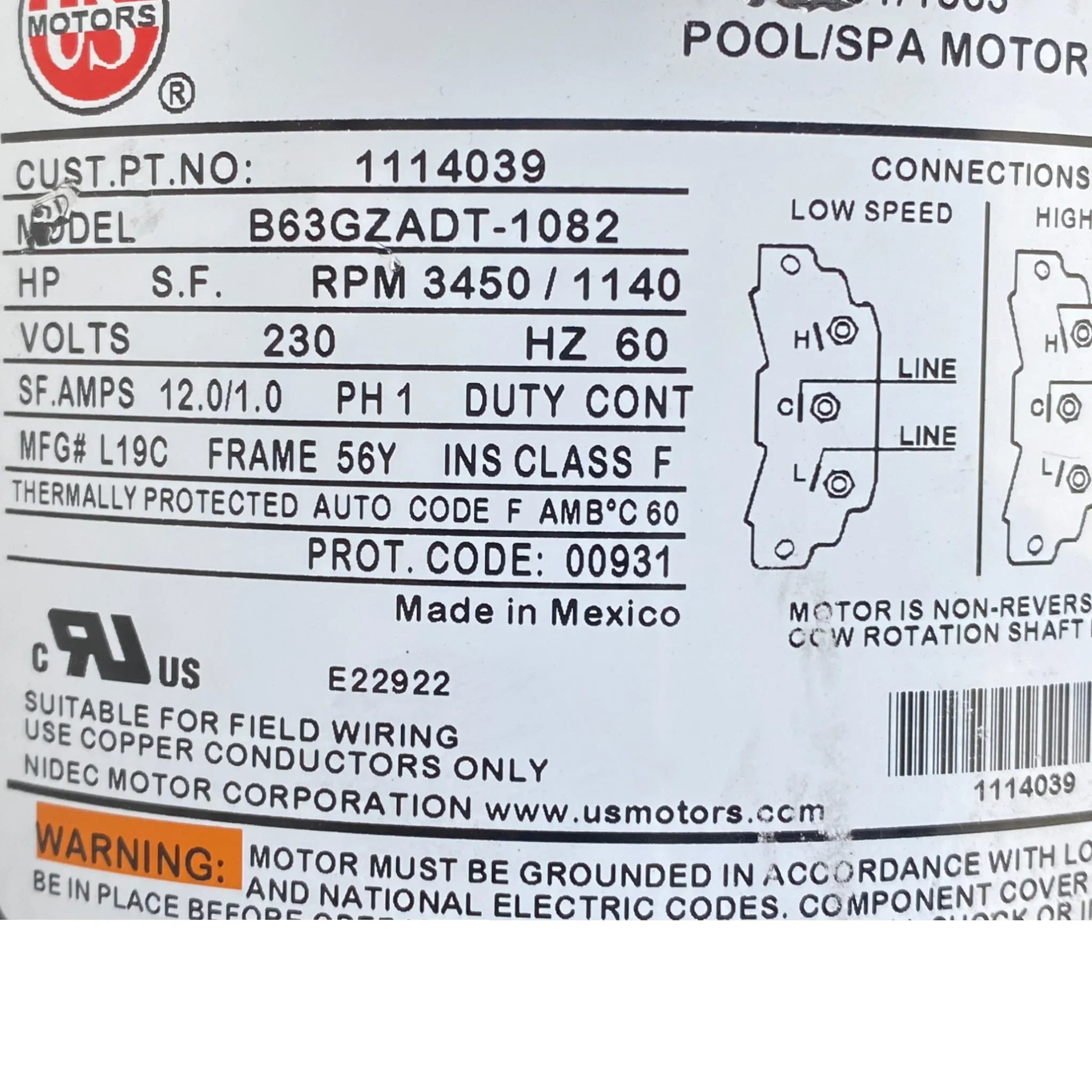 1114039 Us Motors Spa Motor B63Gzadt-1082 Model