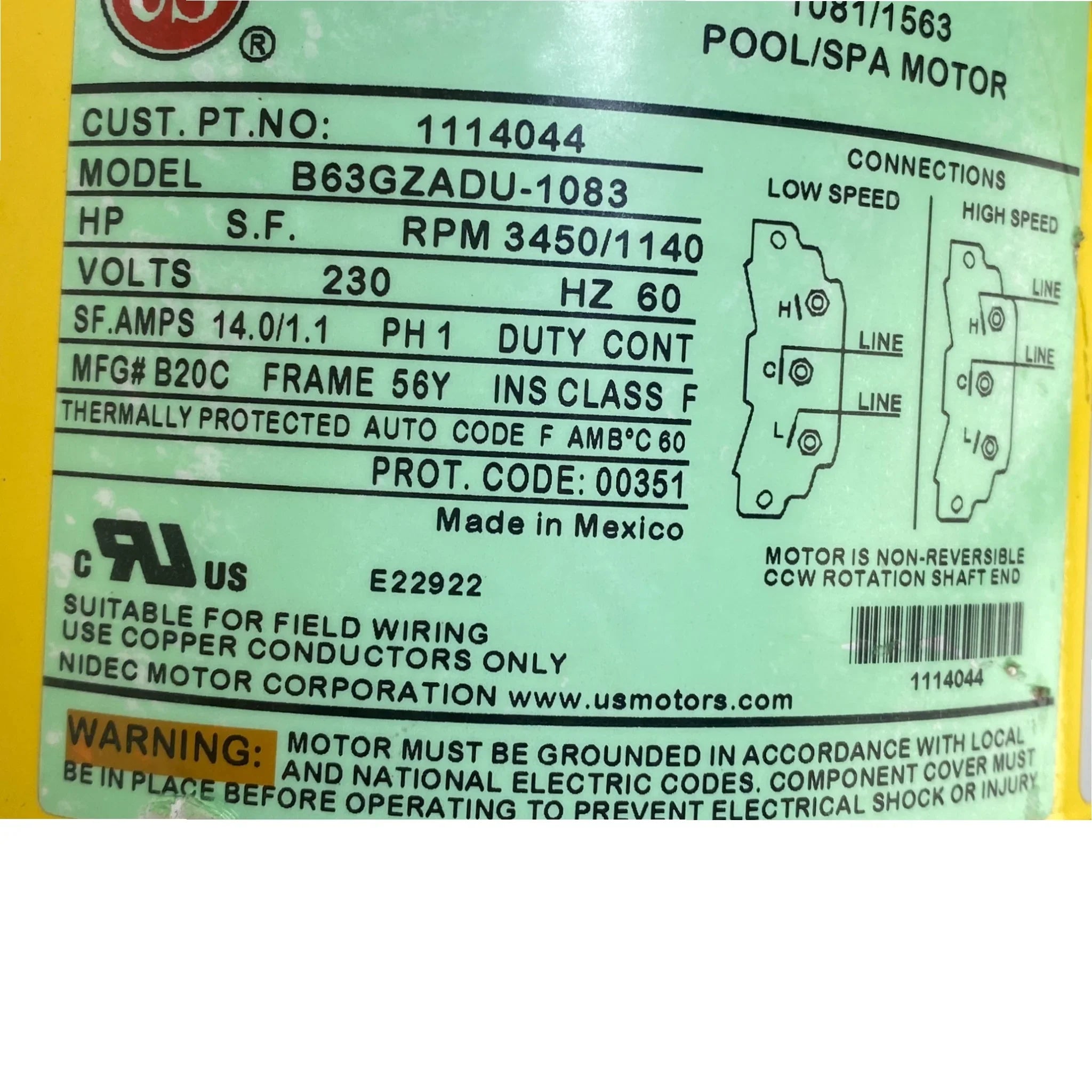 1114044 Us Motors Spa Motor B63Gzadu-1083 Model