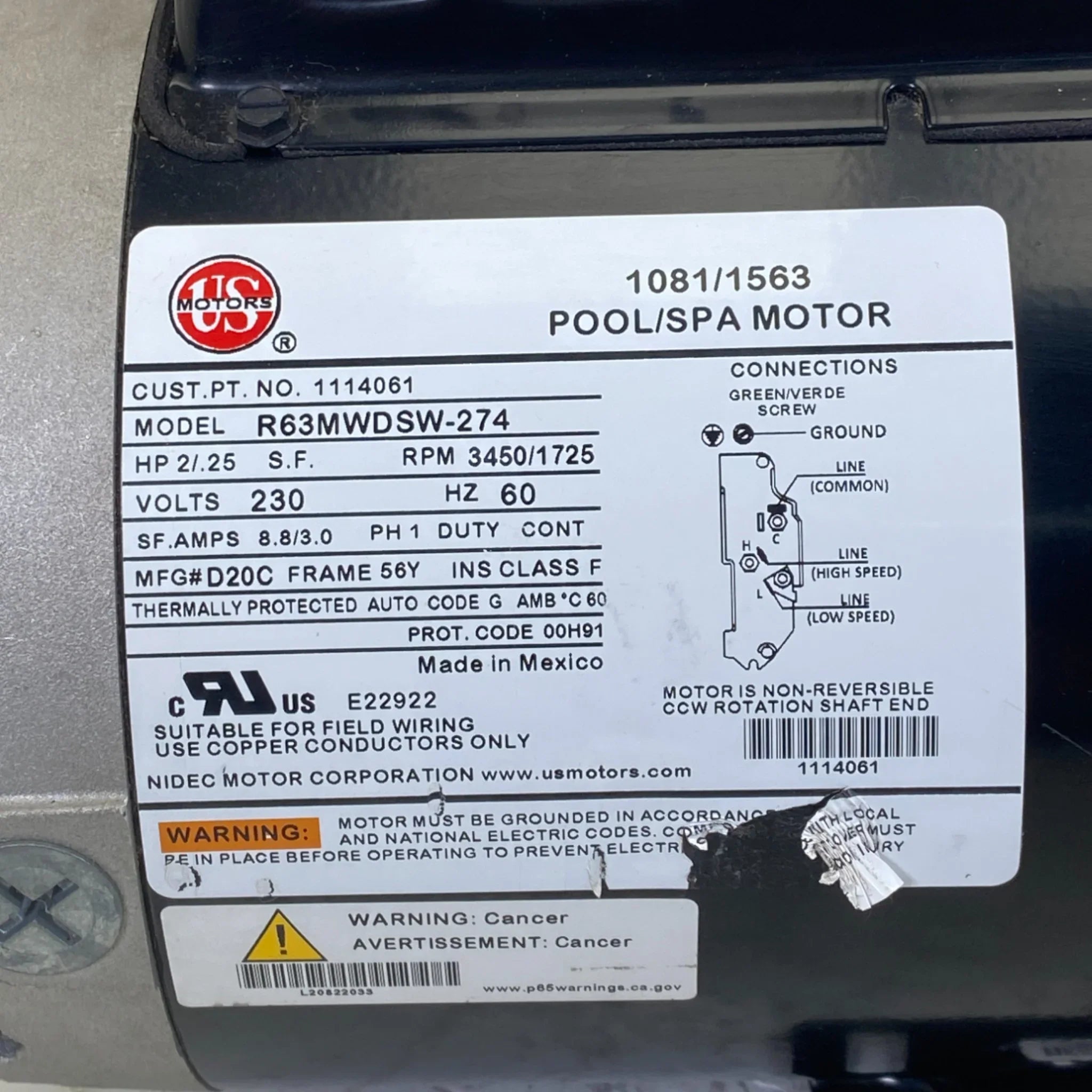 1114061 Us Motors Spa Motor R63Mwdsw-274 Model