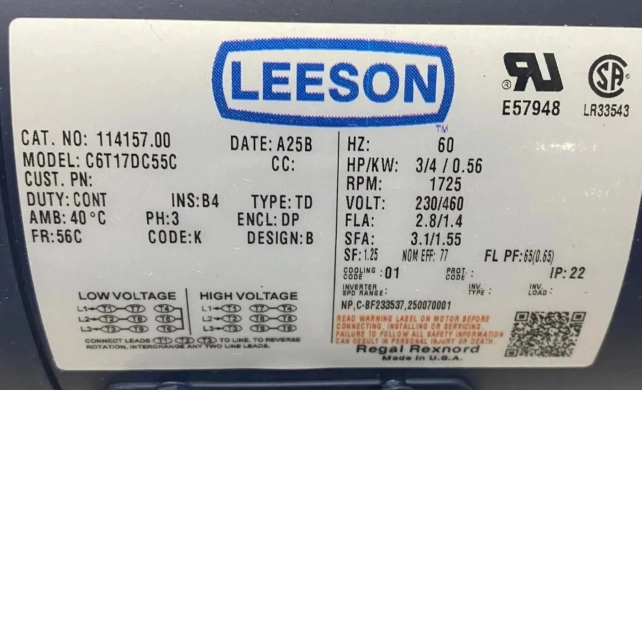 114157.00 Leeson Brake Motor 230/460V