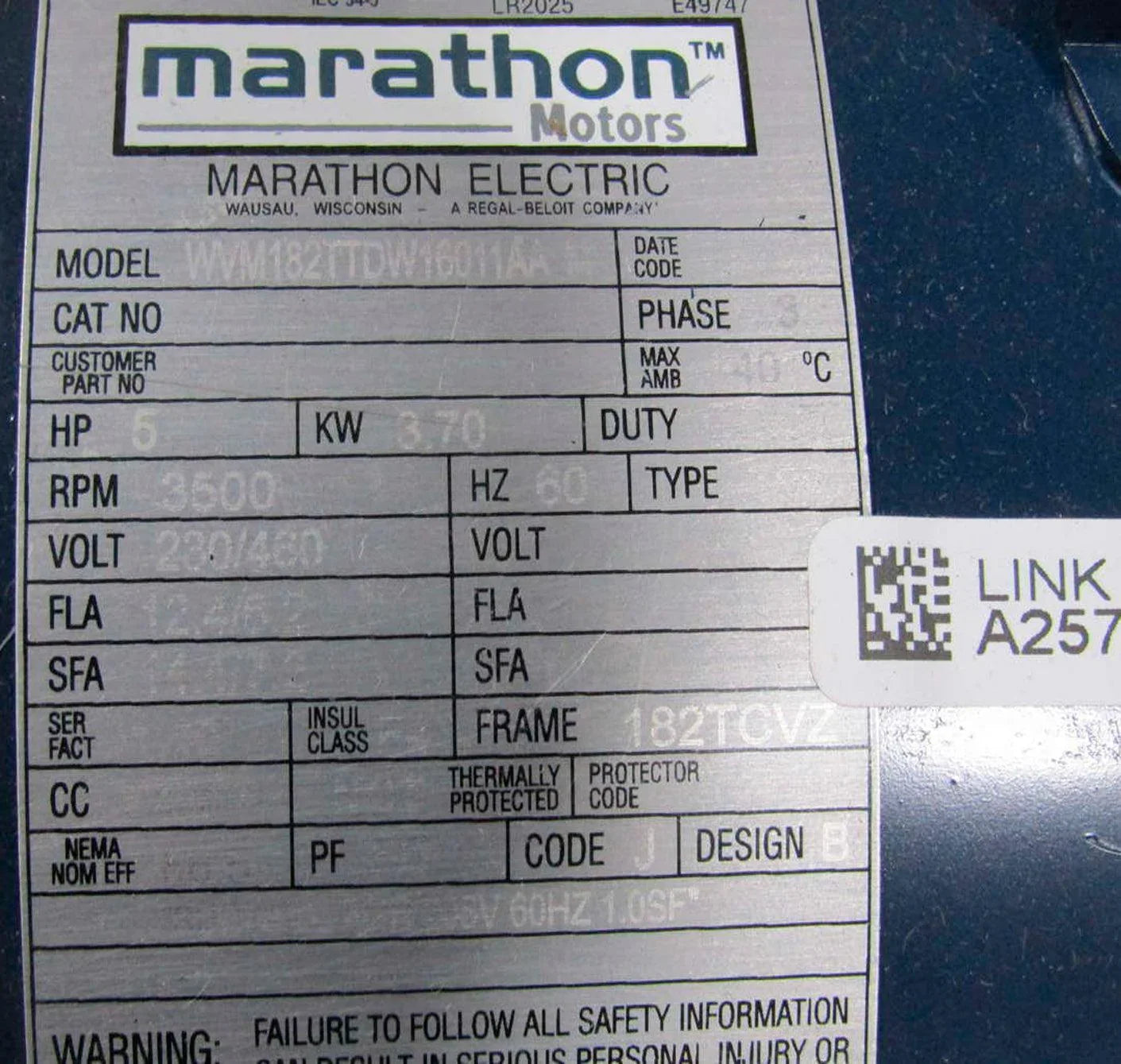 182TTDW16011AA Genuine Marathon Electric Motor 230/460V