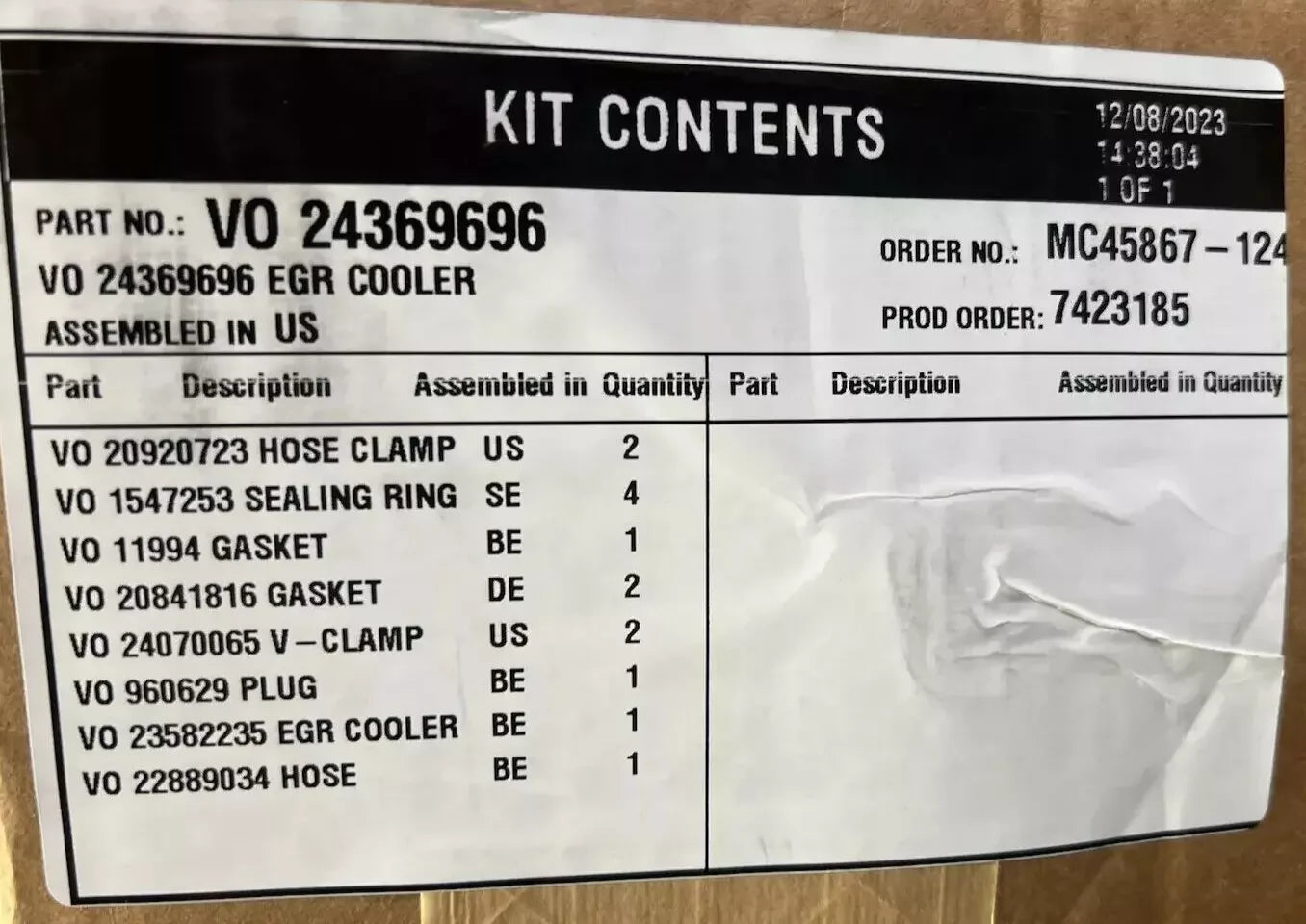 24369696 Genuine Volvo EGR Cooler Kit