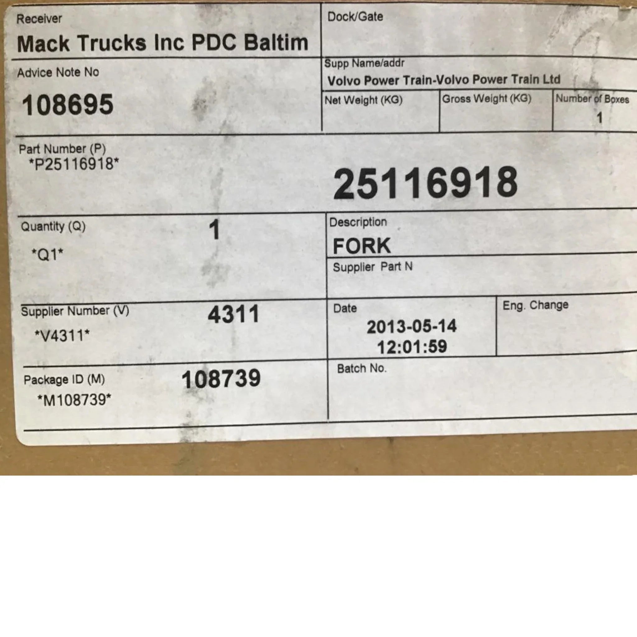 25116918 Genuine Volvo Fork - Truck To Trailer