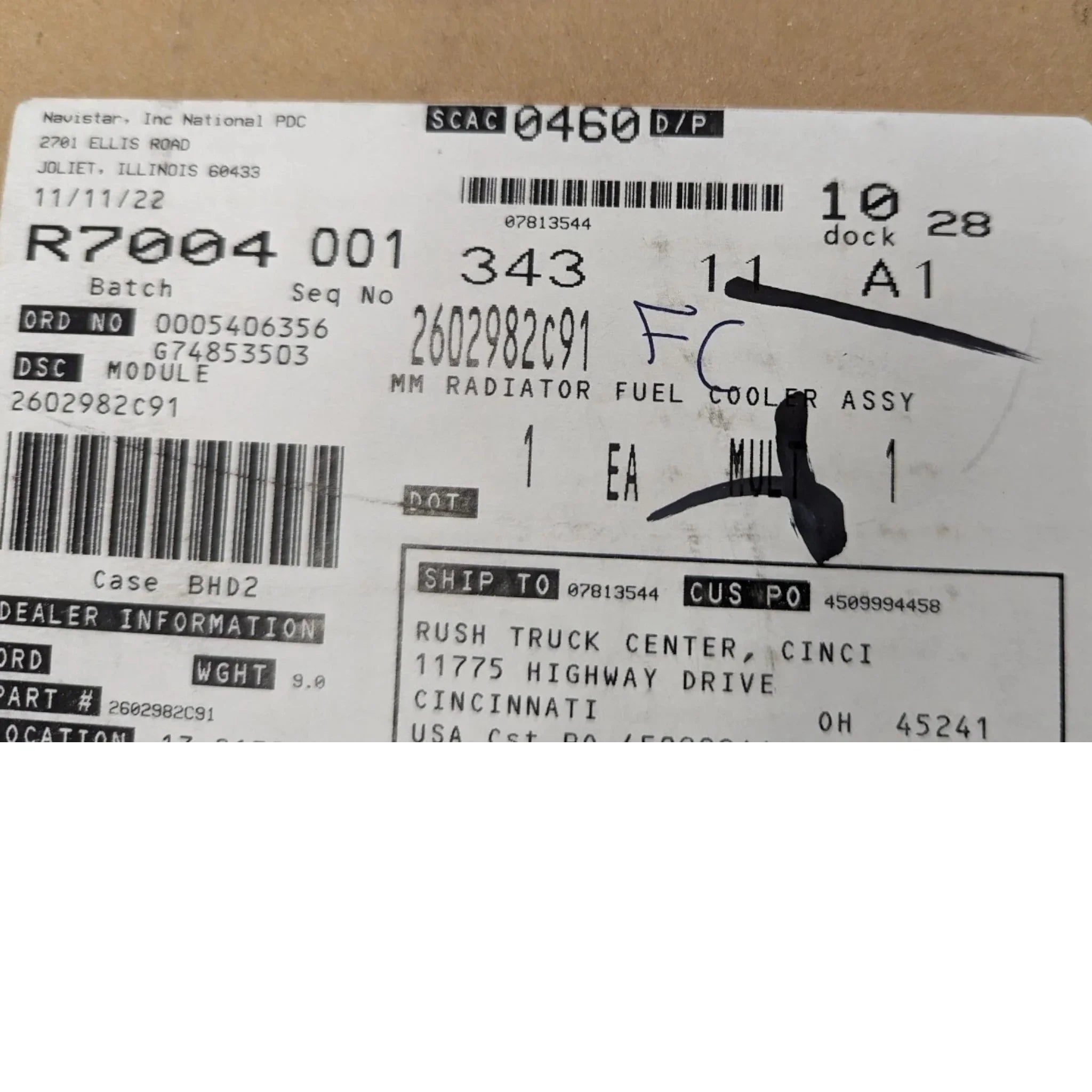 2602982C91 Genuine International Fuel Cooler Assembly