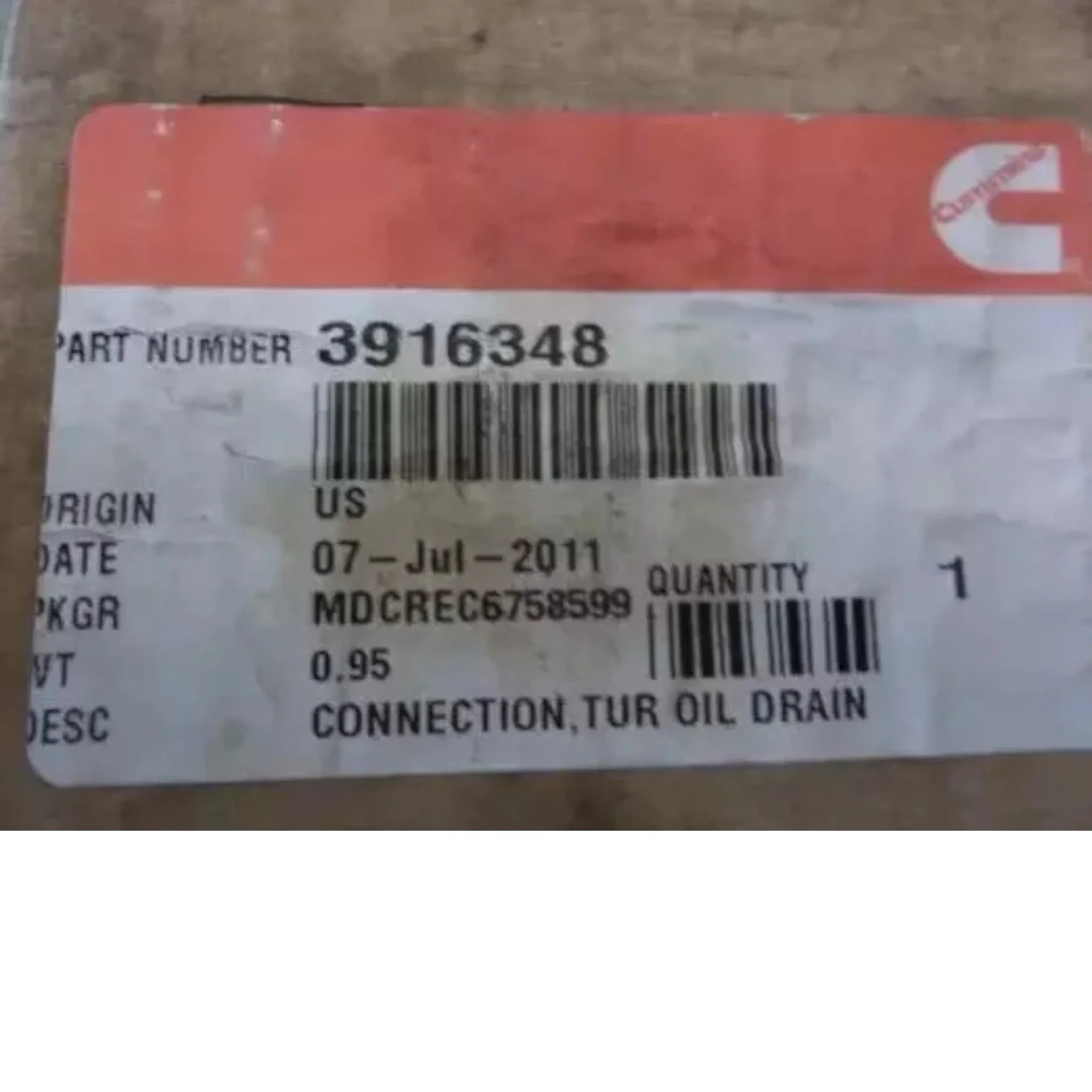 3916348 Genuine Cummins Turbocharger Oil Drain Connection