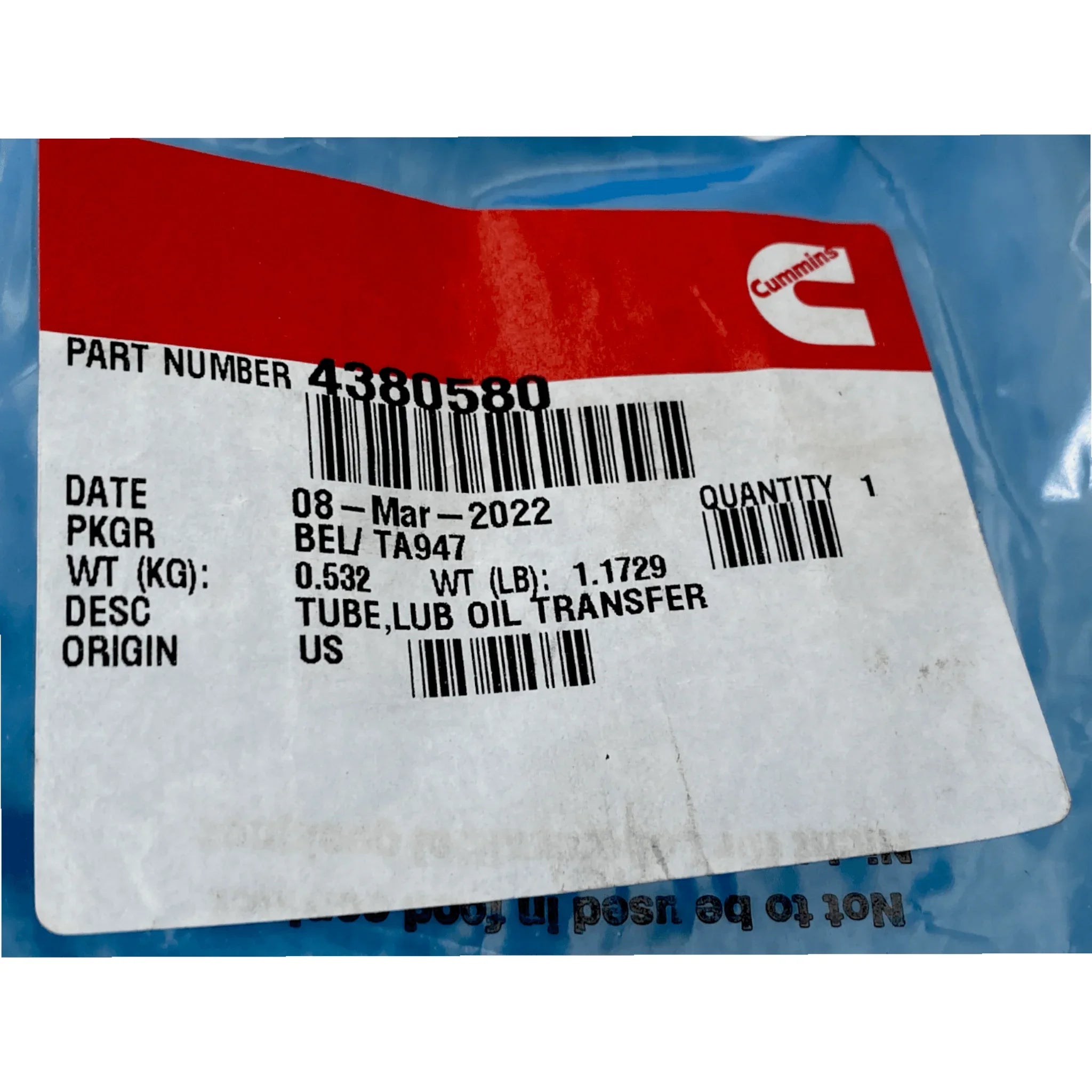 4380580 Genuine Cummins Lubricating Oil Transfer Tube