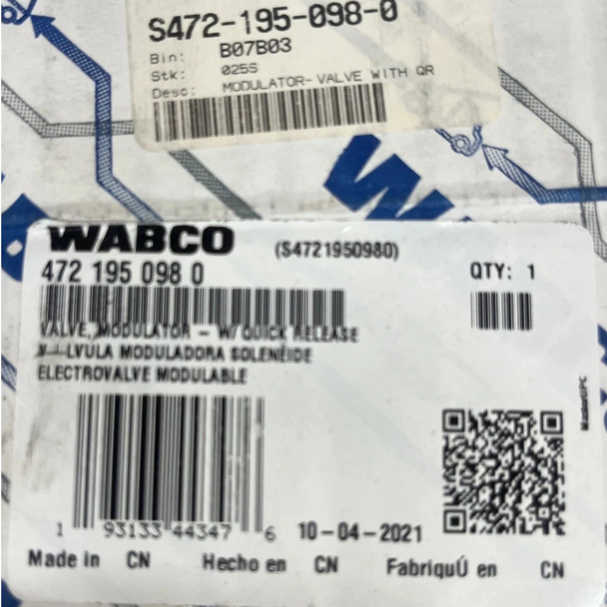 4721950529 Genuine Wabco ABS Solenoid Modulator Valve 12V