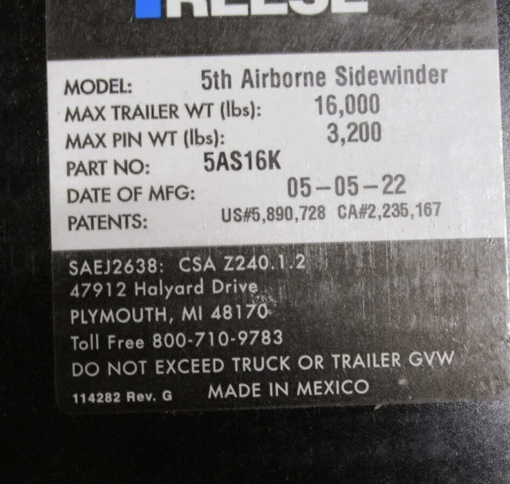 5As16K Genuine Reese Fifth Wheel Air Ride King Pin St 400
