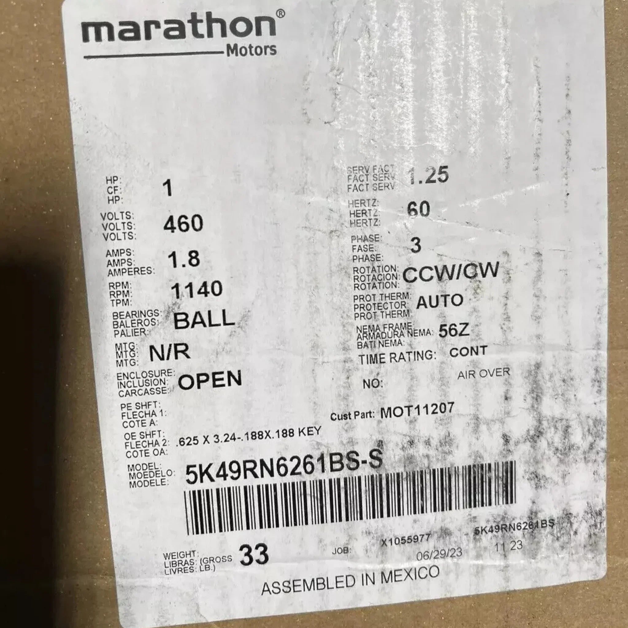 5K49RN6261BS Genuine Marathon Motor 460B 1,8A 60HZ