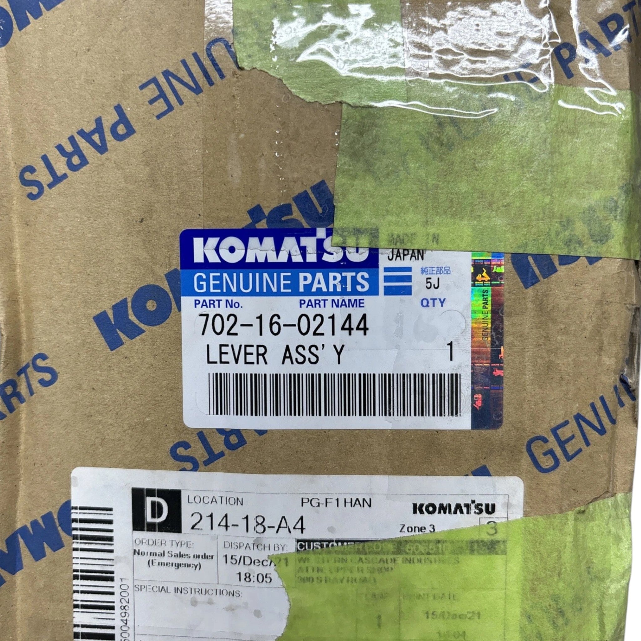702-16-02144 Genuine Komatsu Lever Assembly