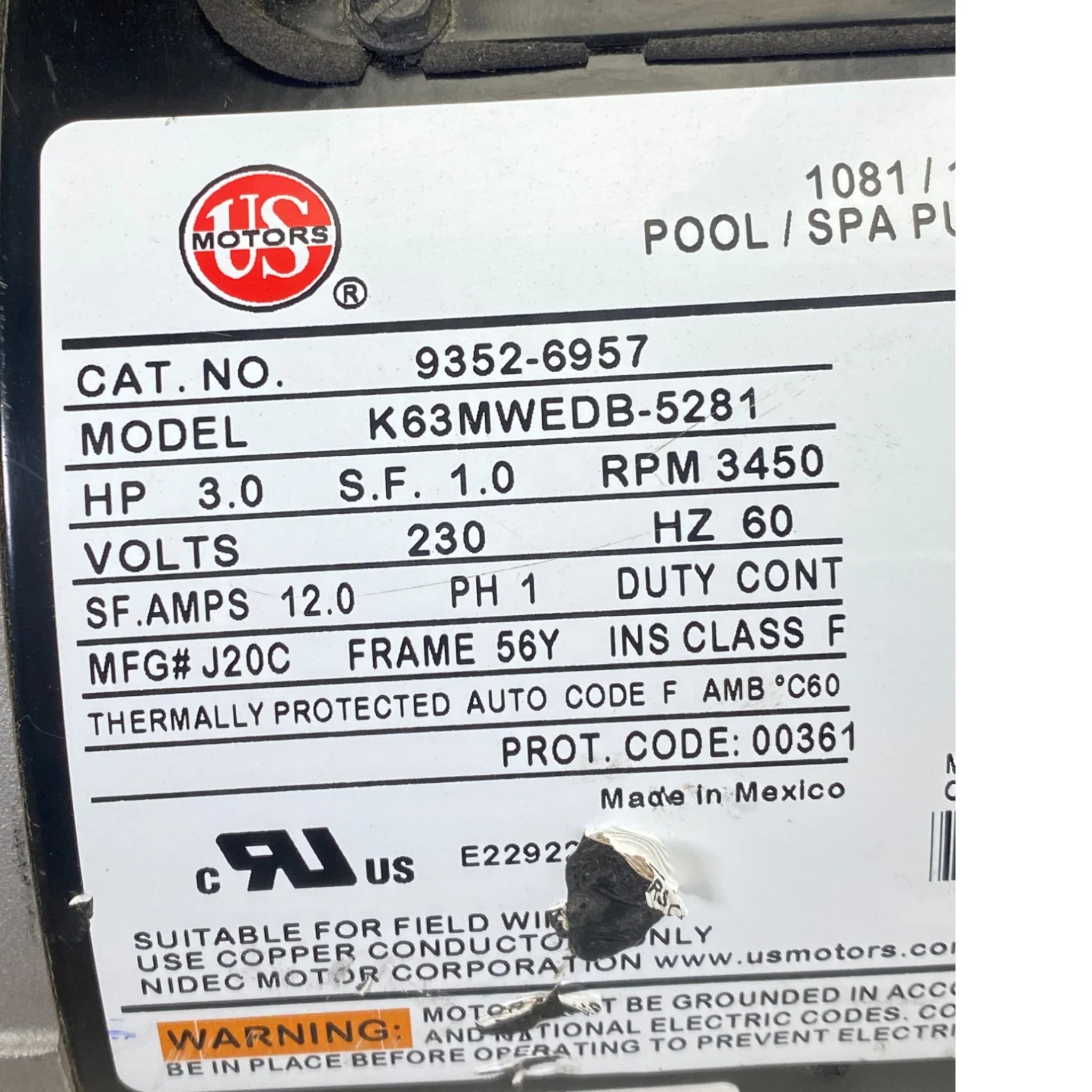 9352-6957 Us Motors Spa Motor K63Mwedb-5281 Model – ADVANCED TRUCK 9352-6957 Us Motors Spa Motor K63Mwedb-5281 Model – ADVANCED TRUCK
