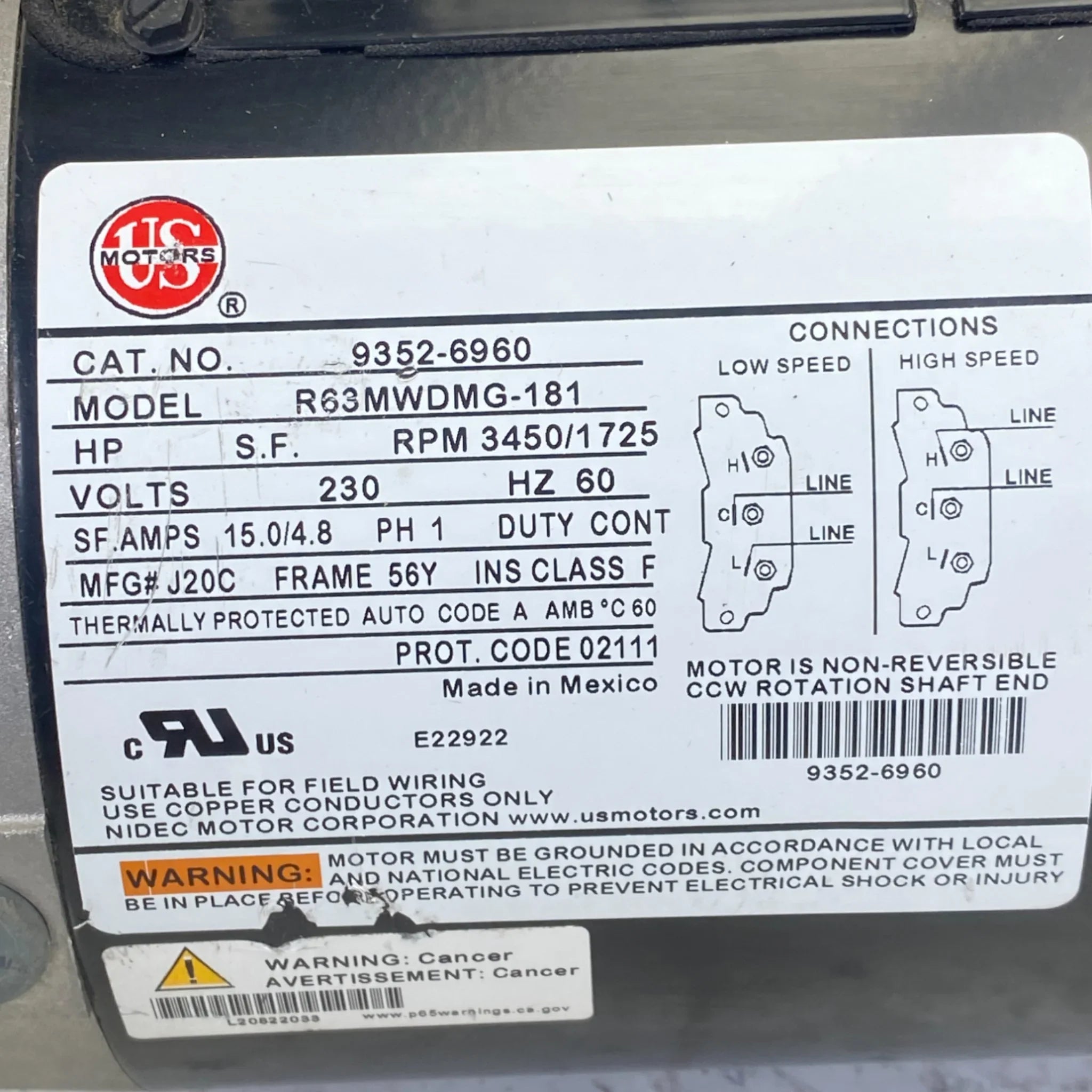 9352-6960 Us Motors Spa Motor R63Mwdmg-181 Model