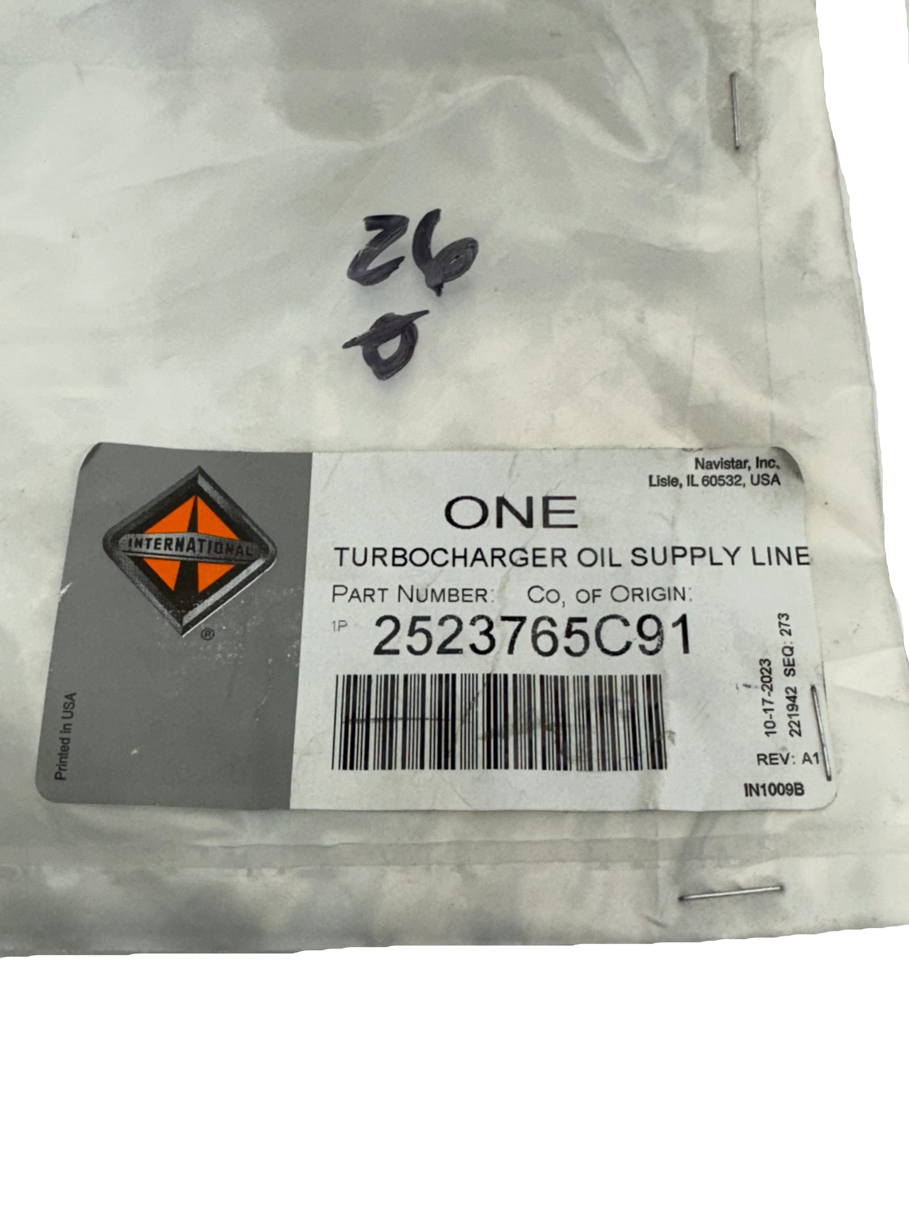 2523765C91 Genuine International Turbocharger Oil Supply Line Assembly