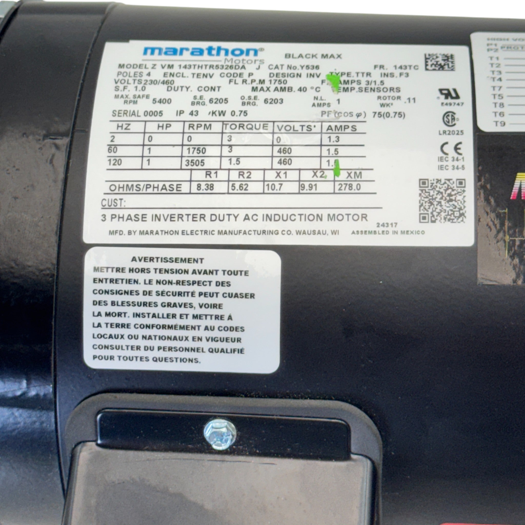 143THTR5326DA Genuine Marathon Inverter Vector Duty Motor 230/460V