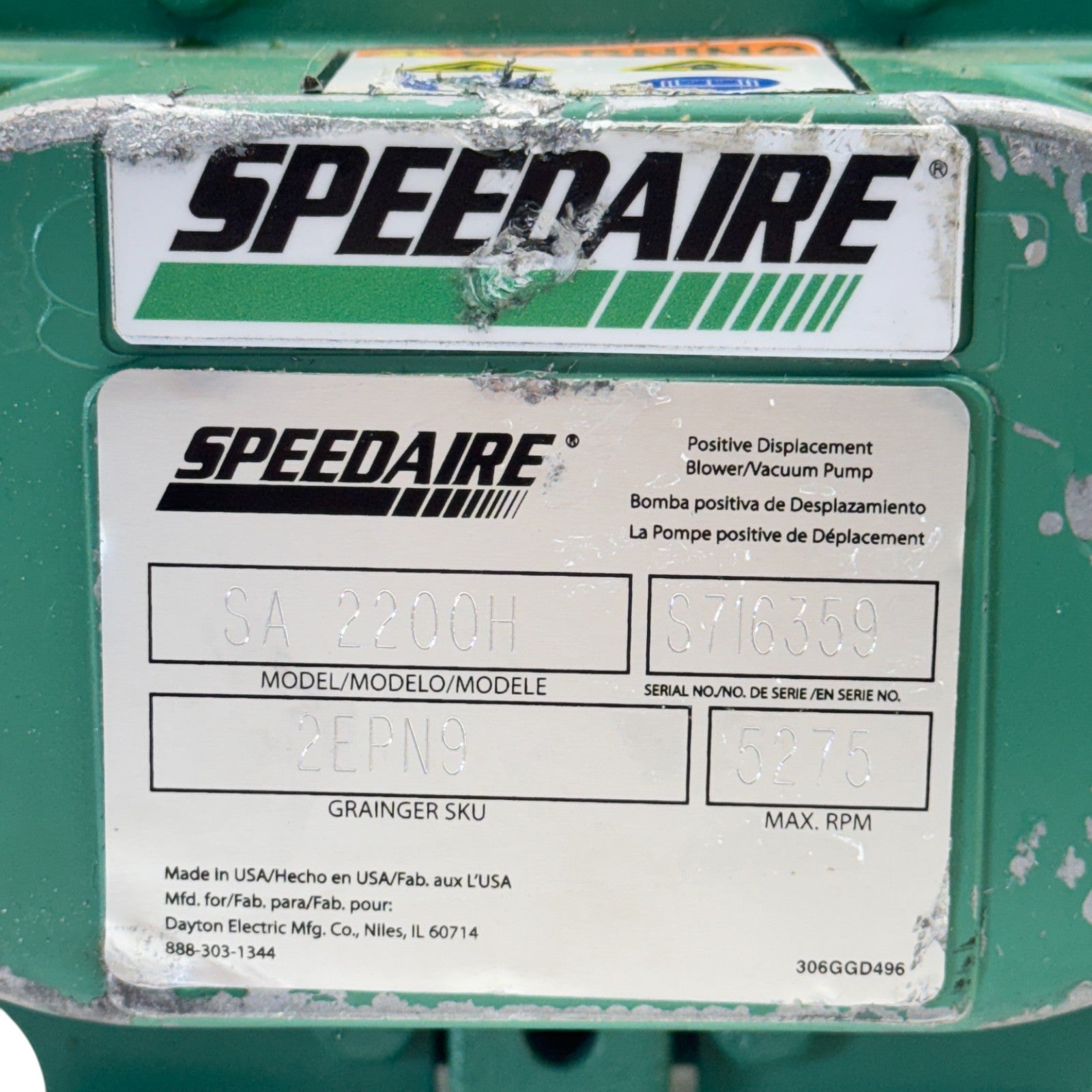 2EPN9 Speedaire Positive Displacement Blower Vacuum Pump 5275 RPM