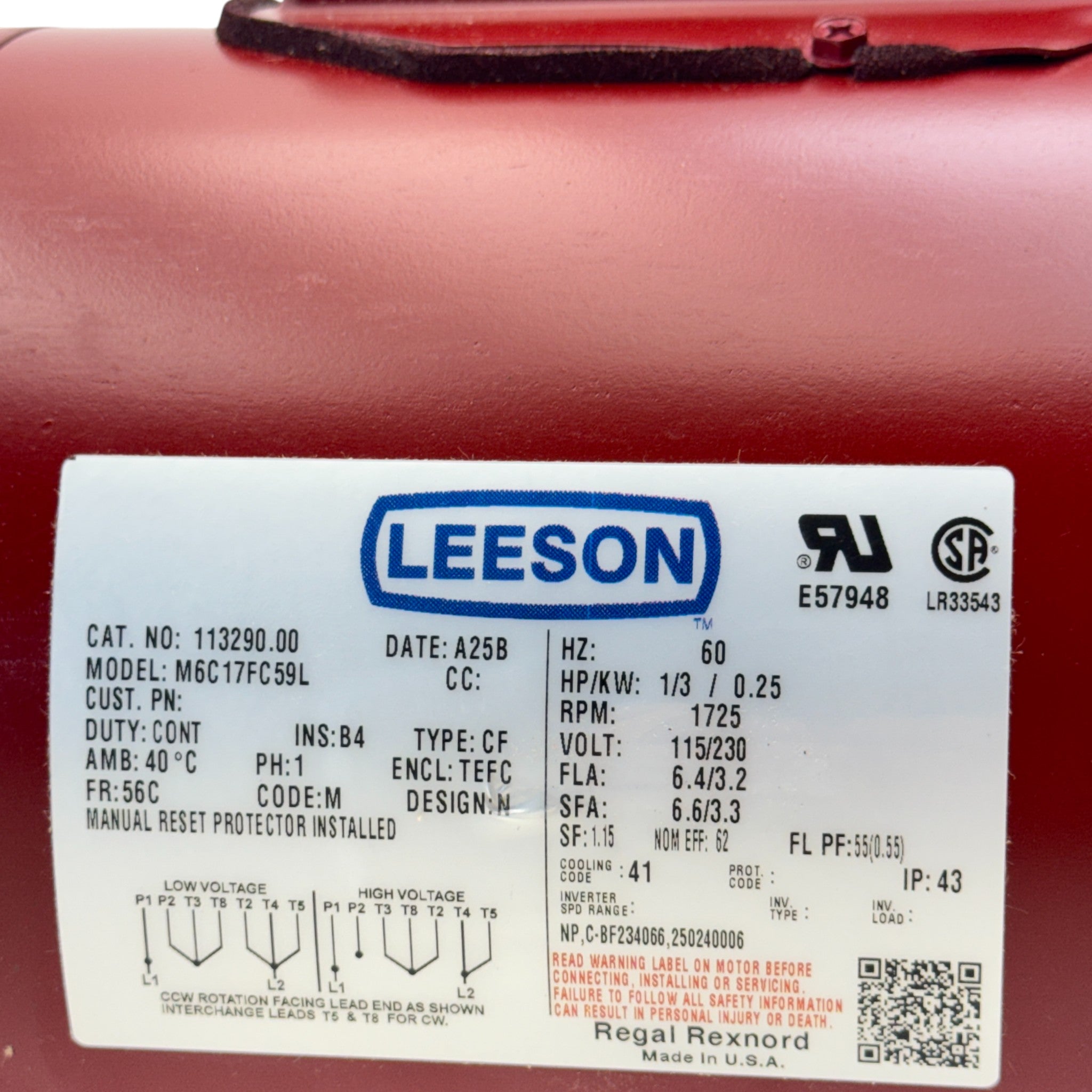 113290.00 Genuine Leeson General Purpose Motor 115/230V