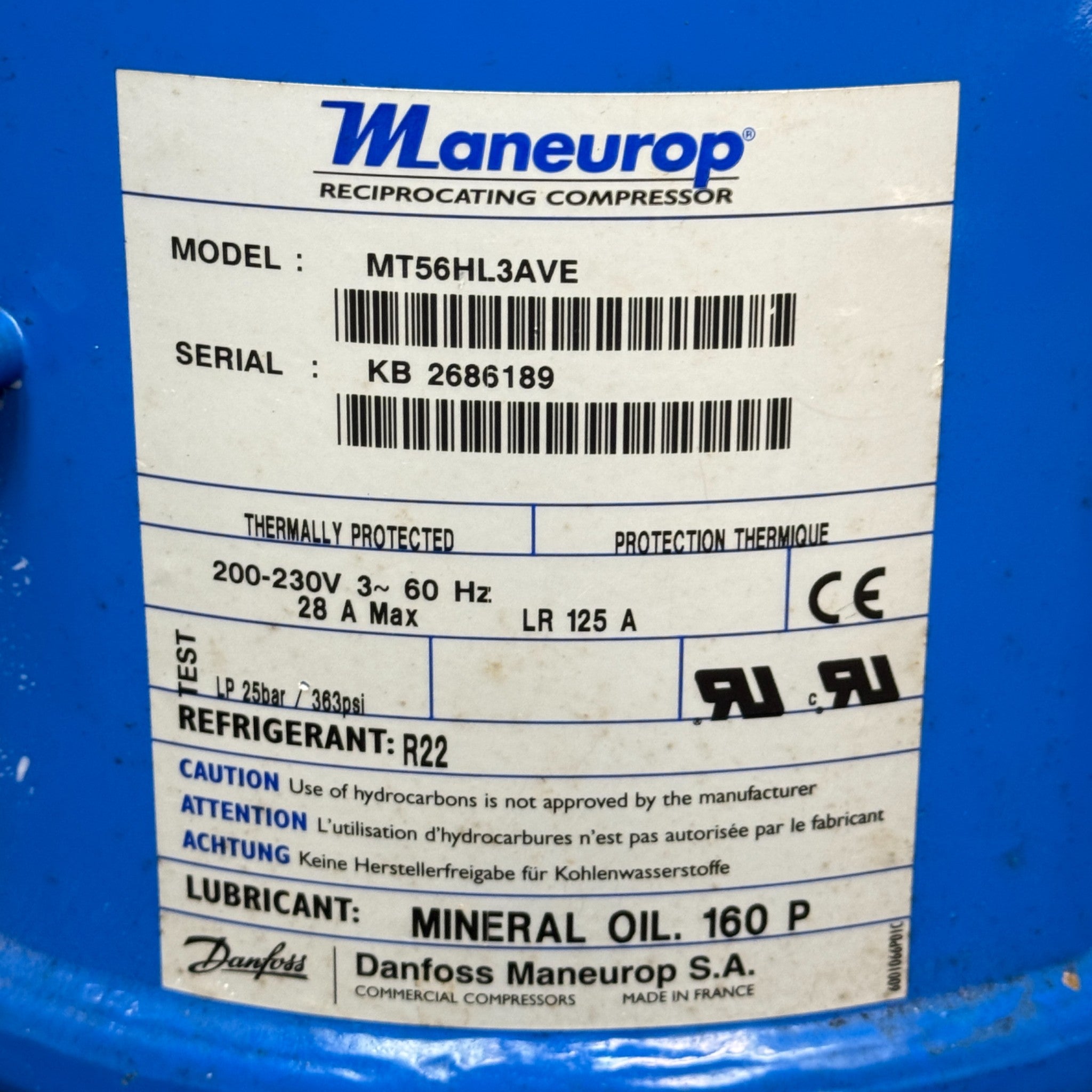MT56HL3CVE Genuine Danfoss Scroll Compressor 200-230V