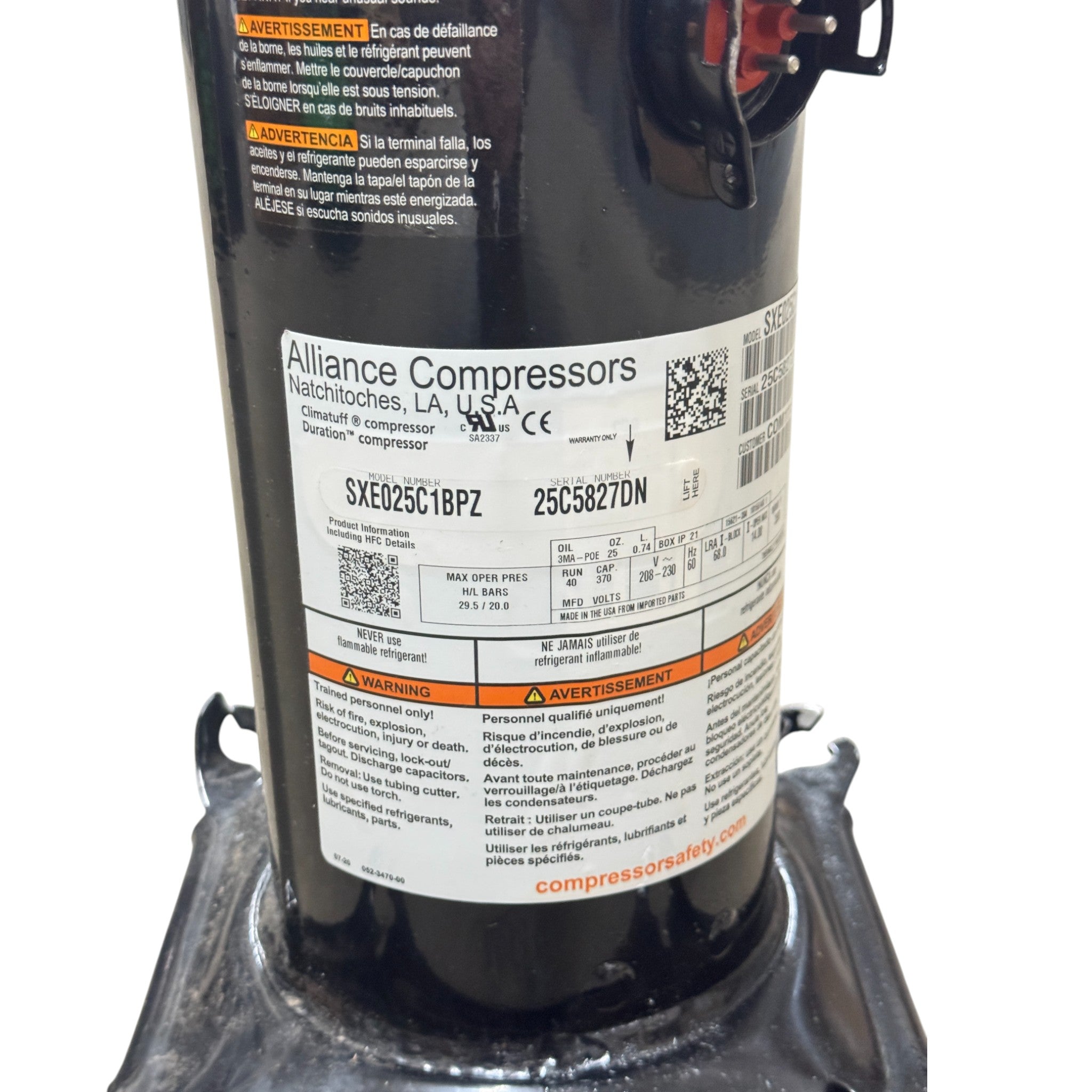 SXE025C1BPZ Alliance Compressor 208-230V