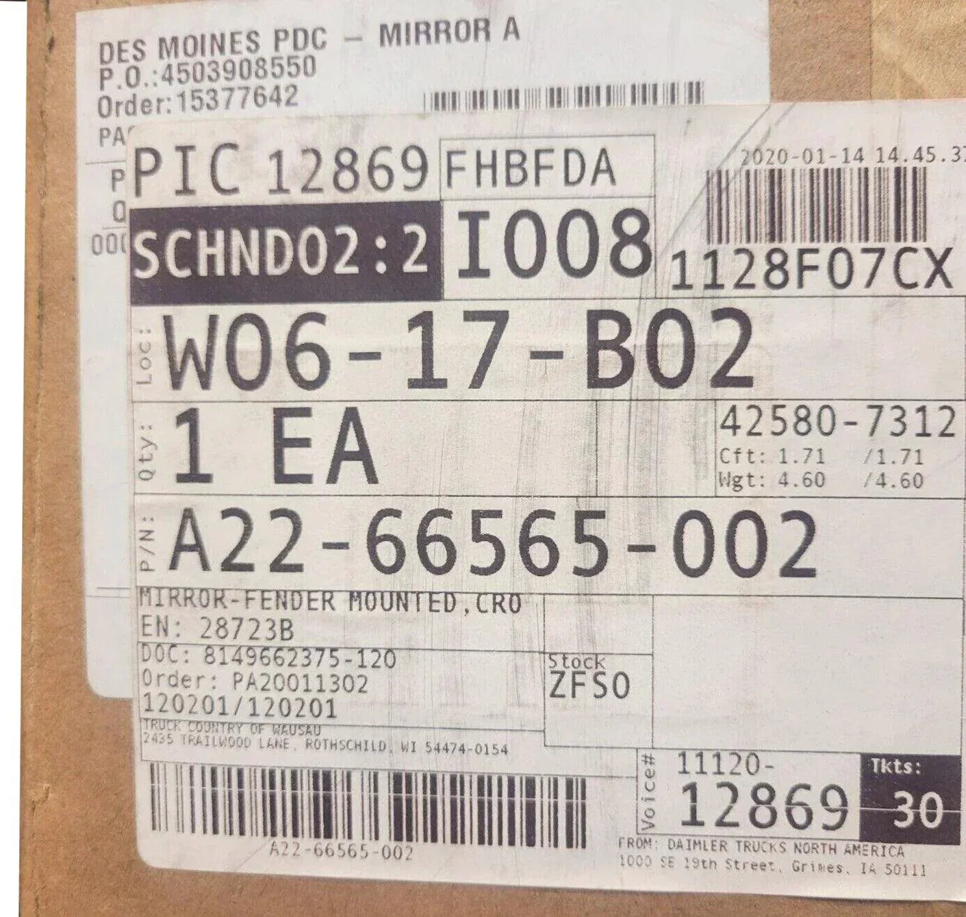 A2266565002 Genuine Freightliner Chrome Hood Mount Mirror Lh