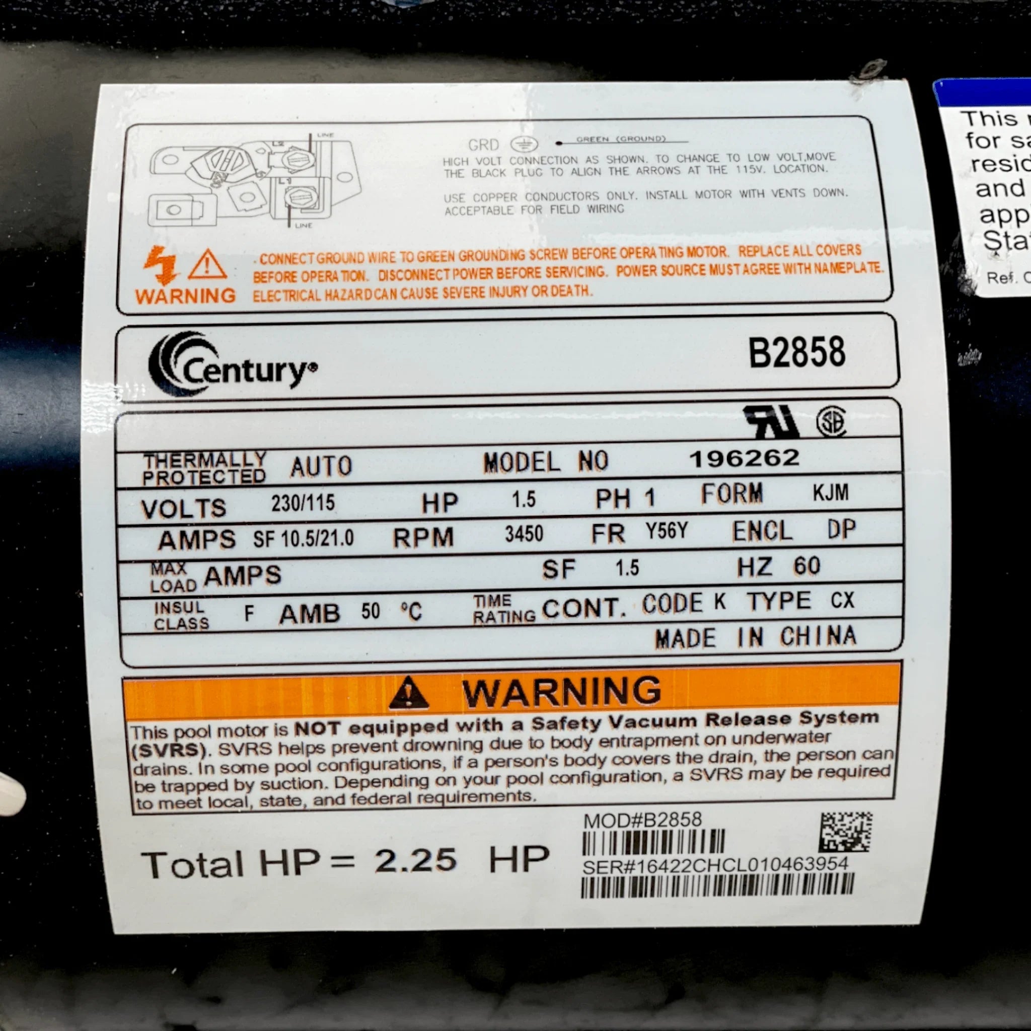 B2858 Century Pool Pump Motor