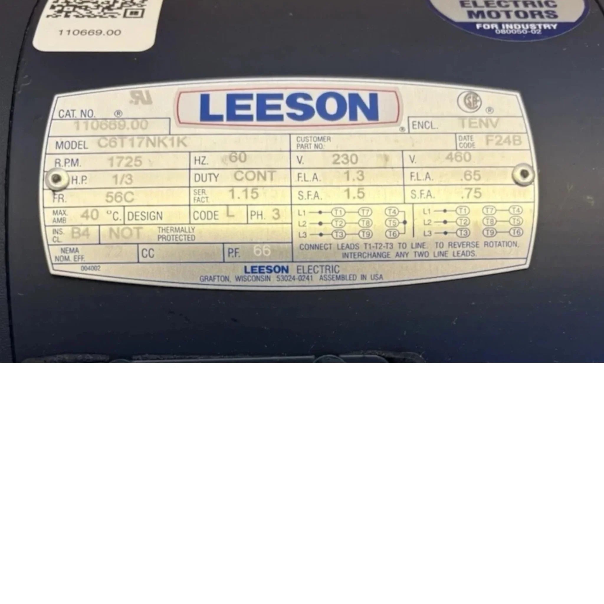 C6T17NK1K Genuine Leeson Brake Motor 230/460 V