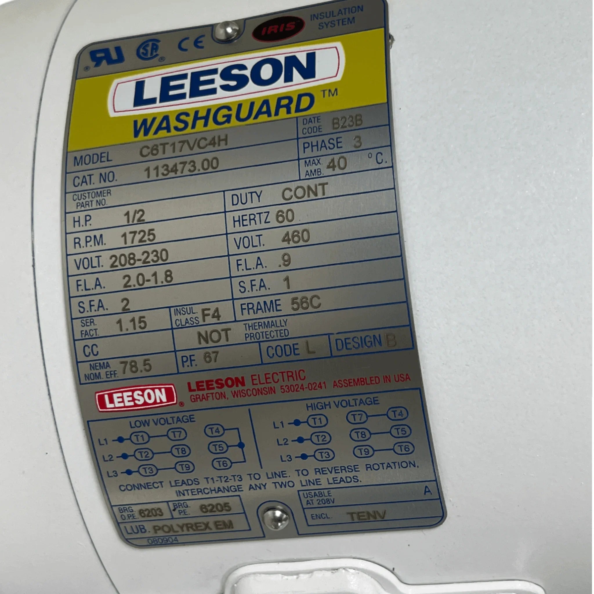 C6T17VC4H Leeson Washguard Electric Motor