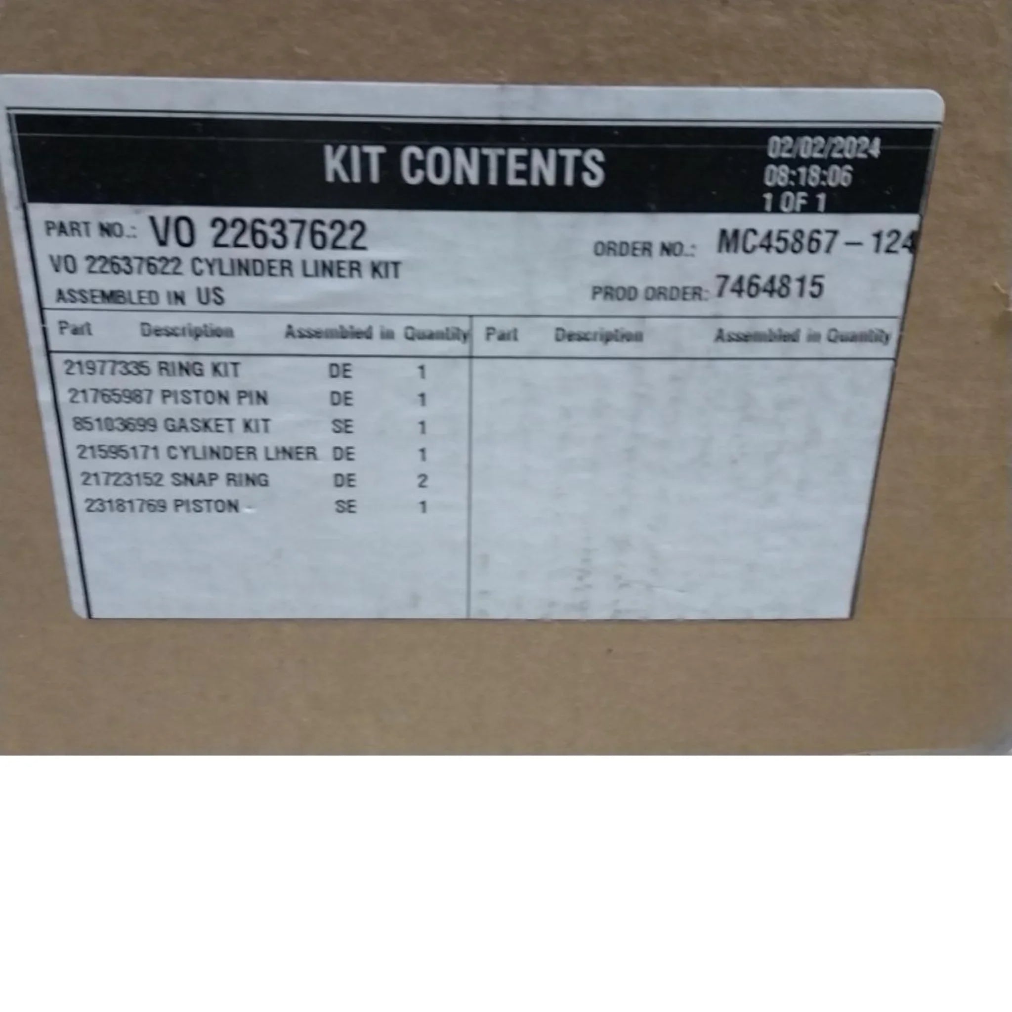 22637622 Genuine Mack Cylinder Liner Kit - Truck To Trailer