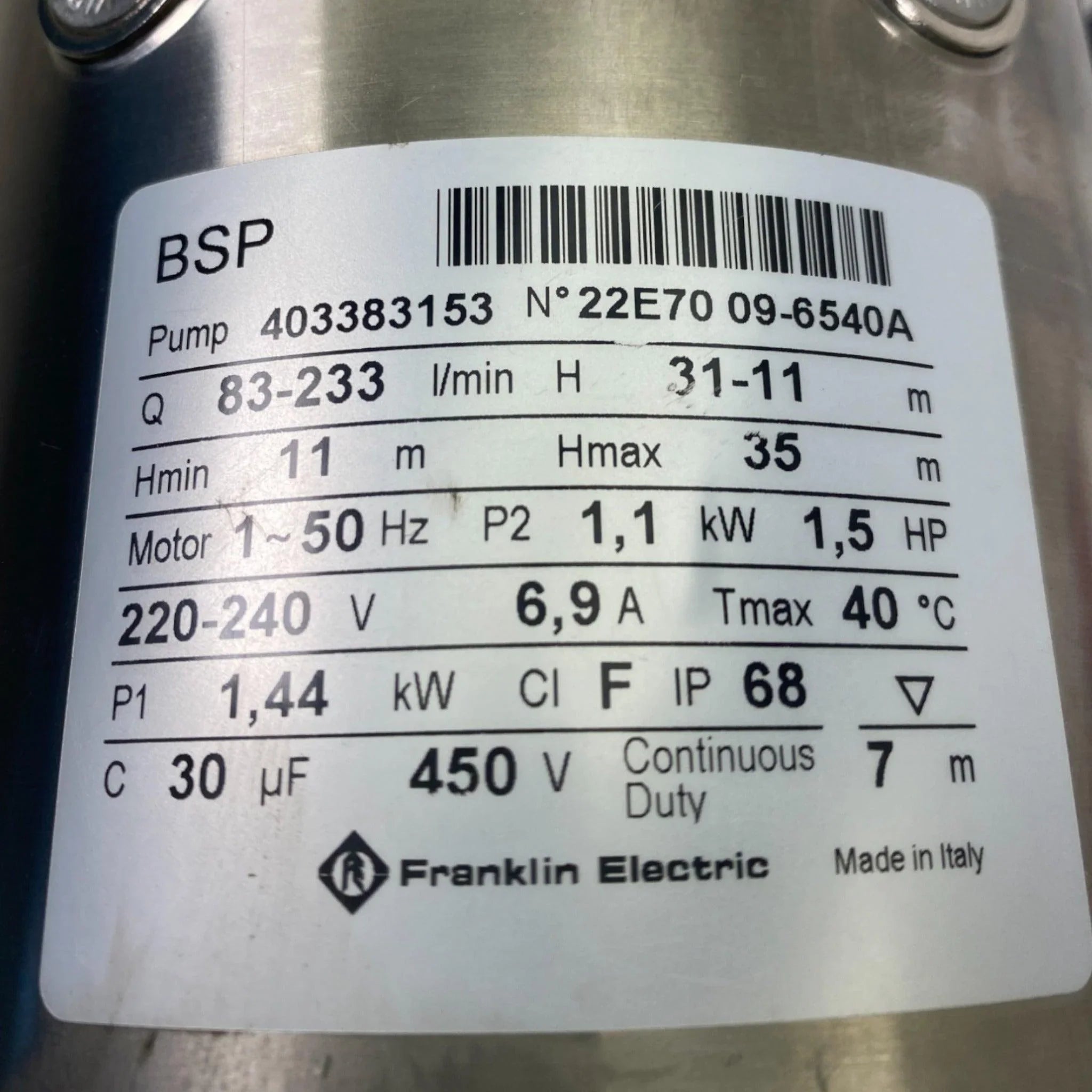 DEF-PMA150B Franklin Fueling 1-1/2HP 50HZ Single Phase PKG Pump Motor Assembly