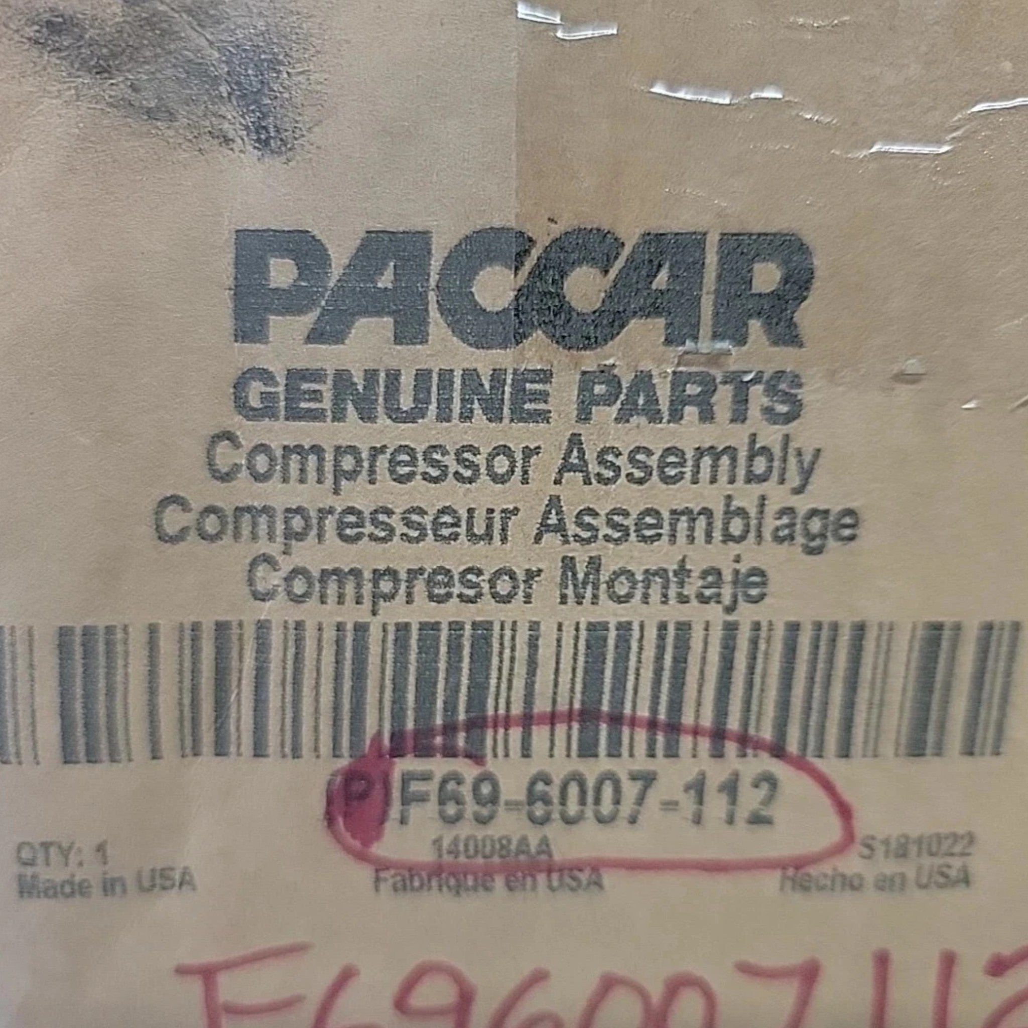 F69-6007-112PB Genuine Paccar A/C Compressor