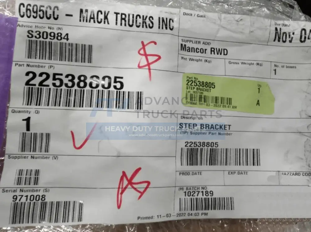 22538805 Genuine Mack Bracket - Truck To Trailer