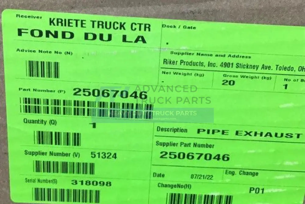 25067046 Genuine Volvo/Mack Pipe - Truck To Trailer