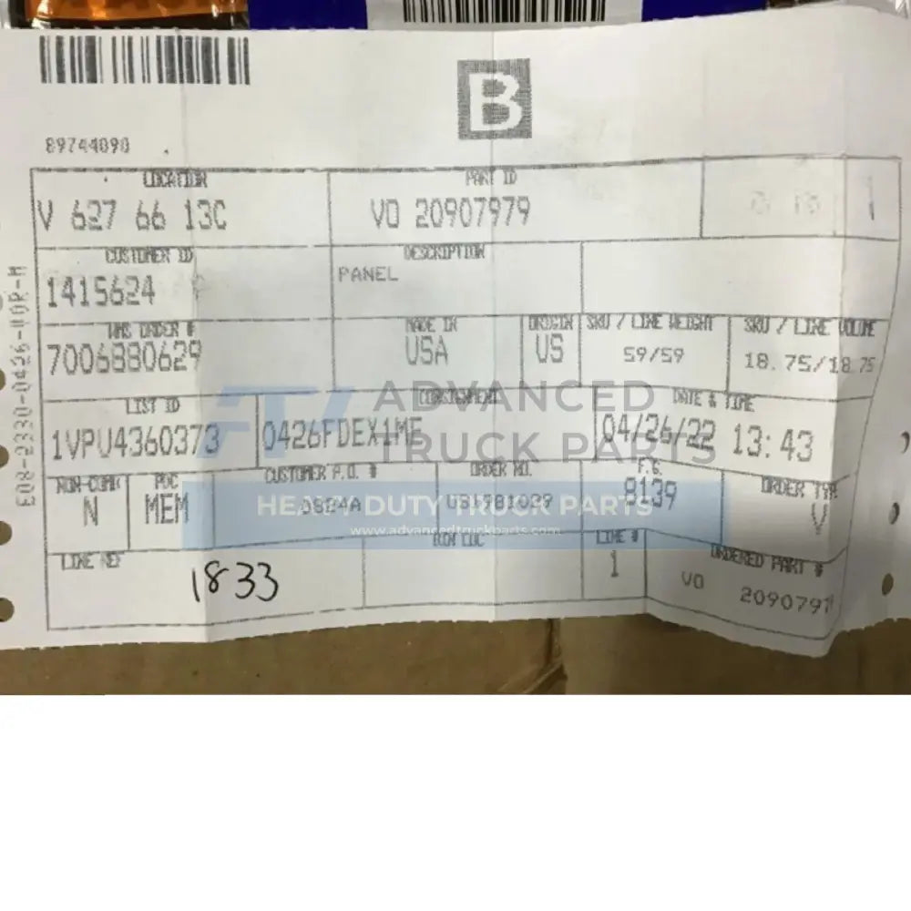 20907979 Genuine Volvo Panel - Truck To Trailer