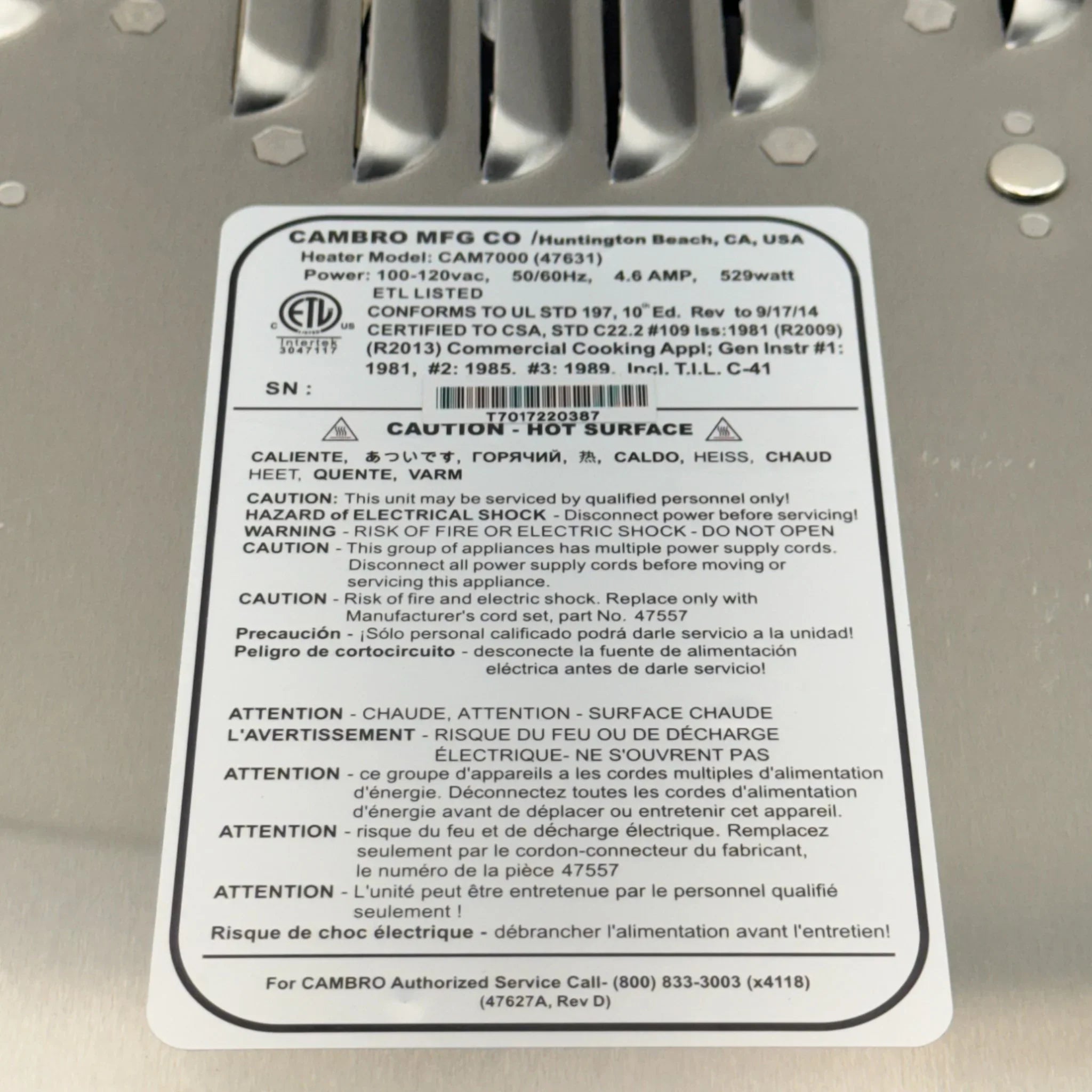 H10025 Genuine Cambro Door Heater Kit 110V