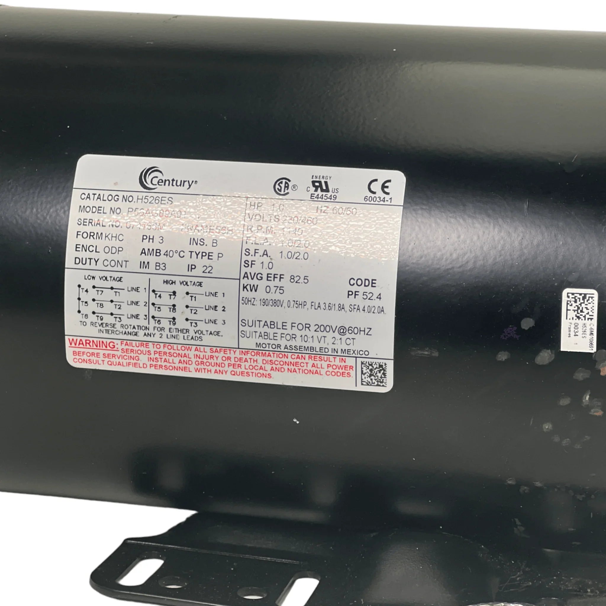 H526ES Century General Purpose Motor 1.0HP 60/50 Hz 230/460V 1200RPM