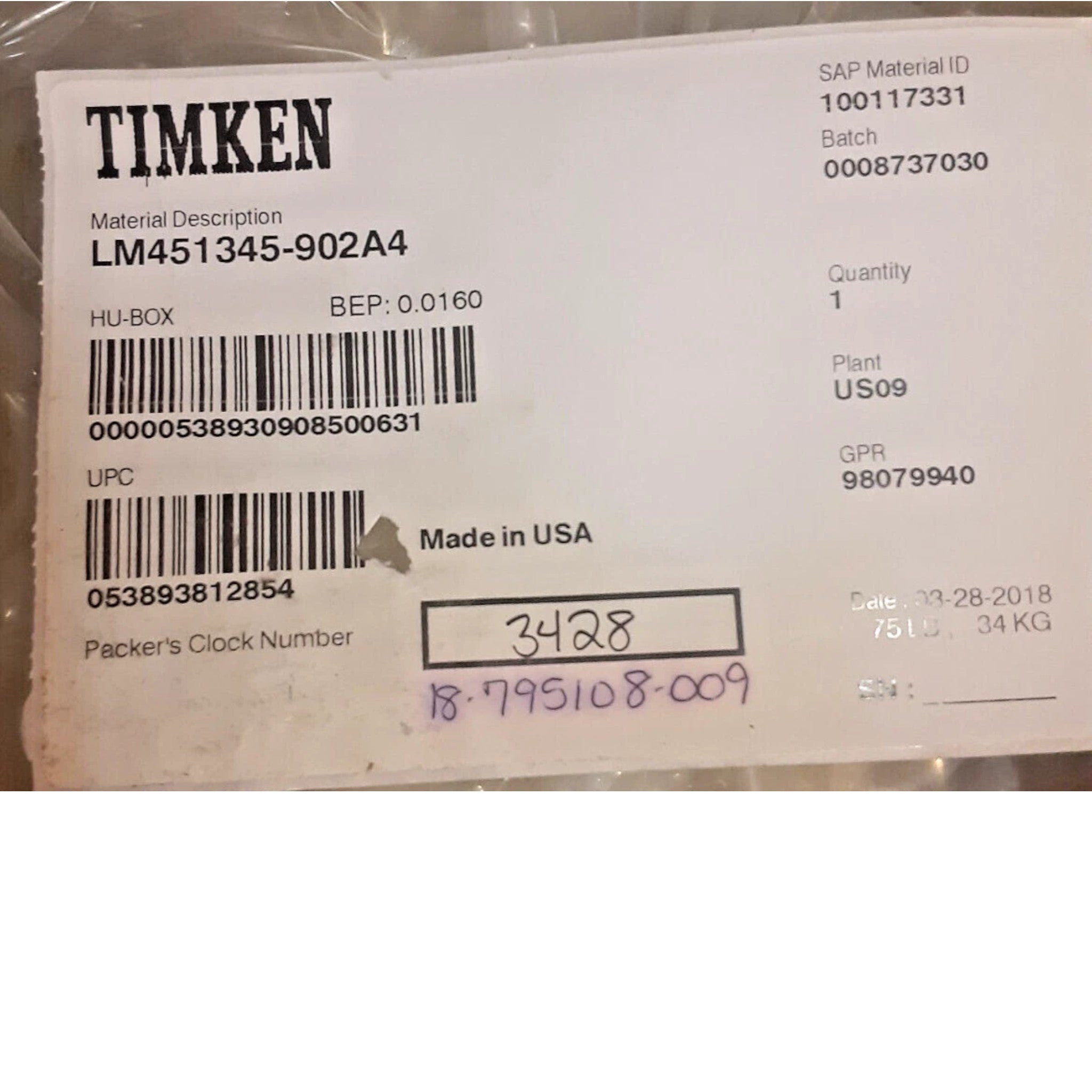 LM451345-902A4 Genuine Timken Tapered Roller Bearing Assembly