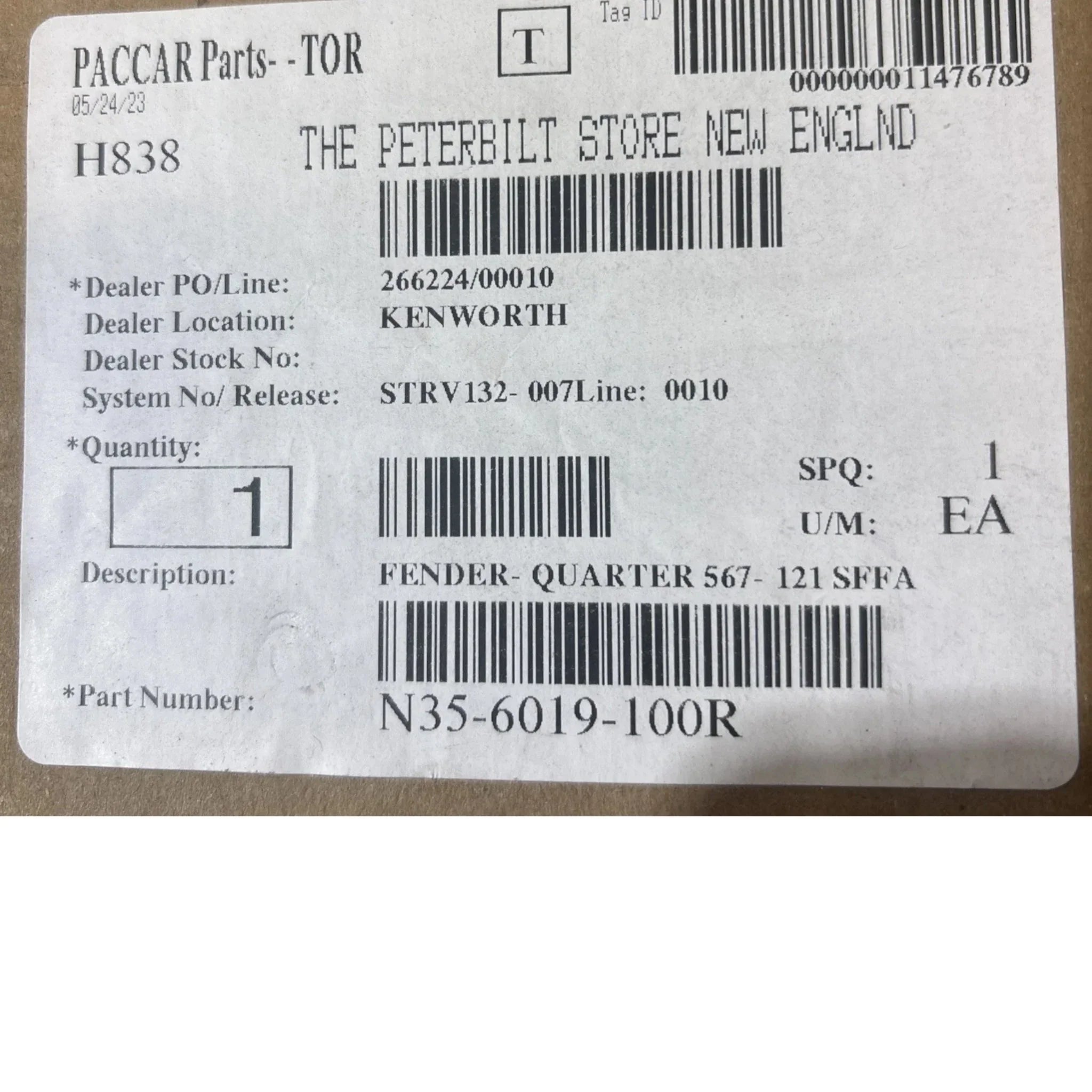 N35-6019-100R Genuine Paccar Quarter Fender