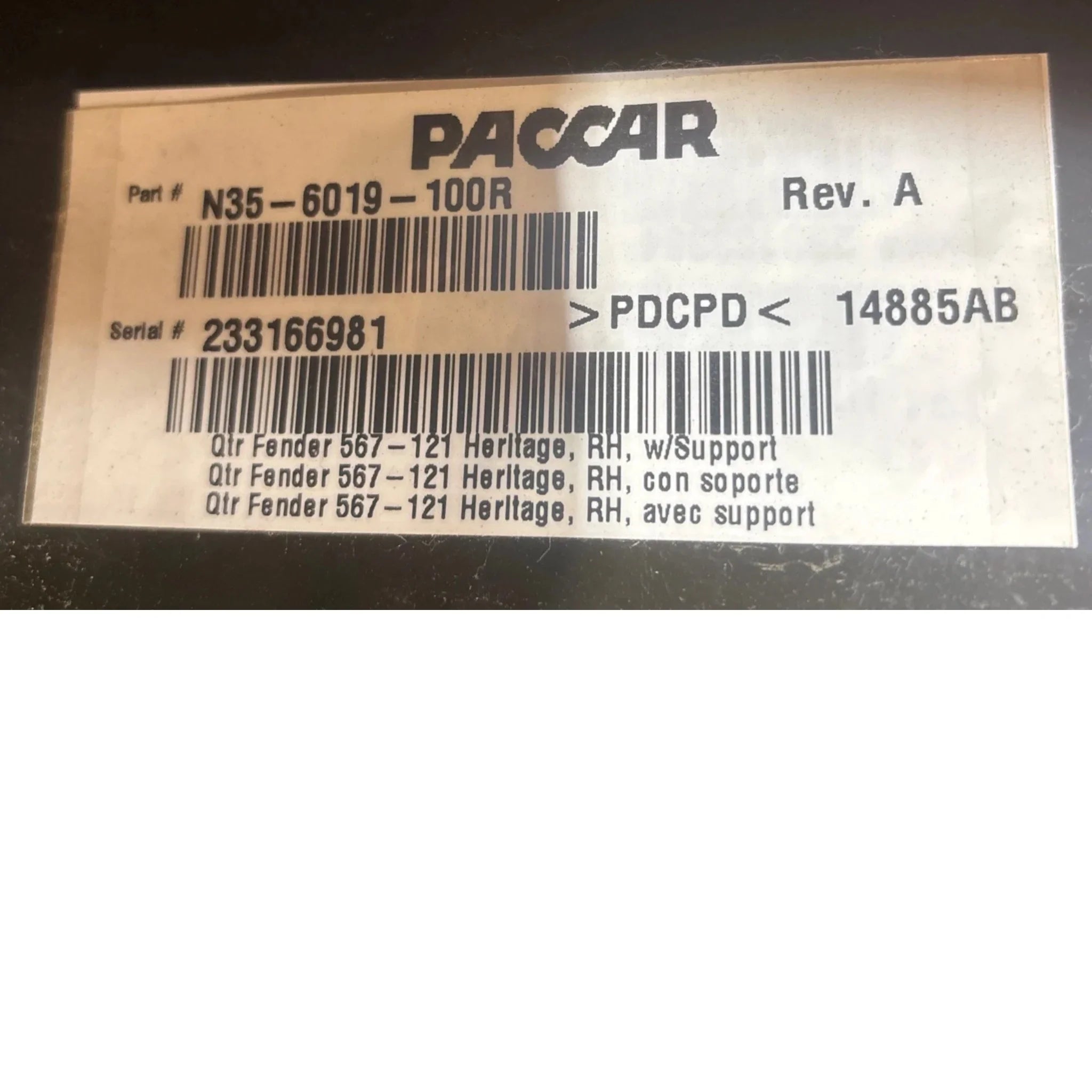 N35-6019-100R Genuine Paccar Quarter Fender