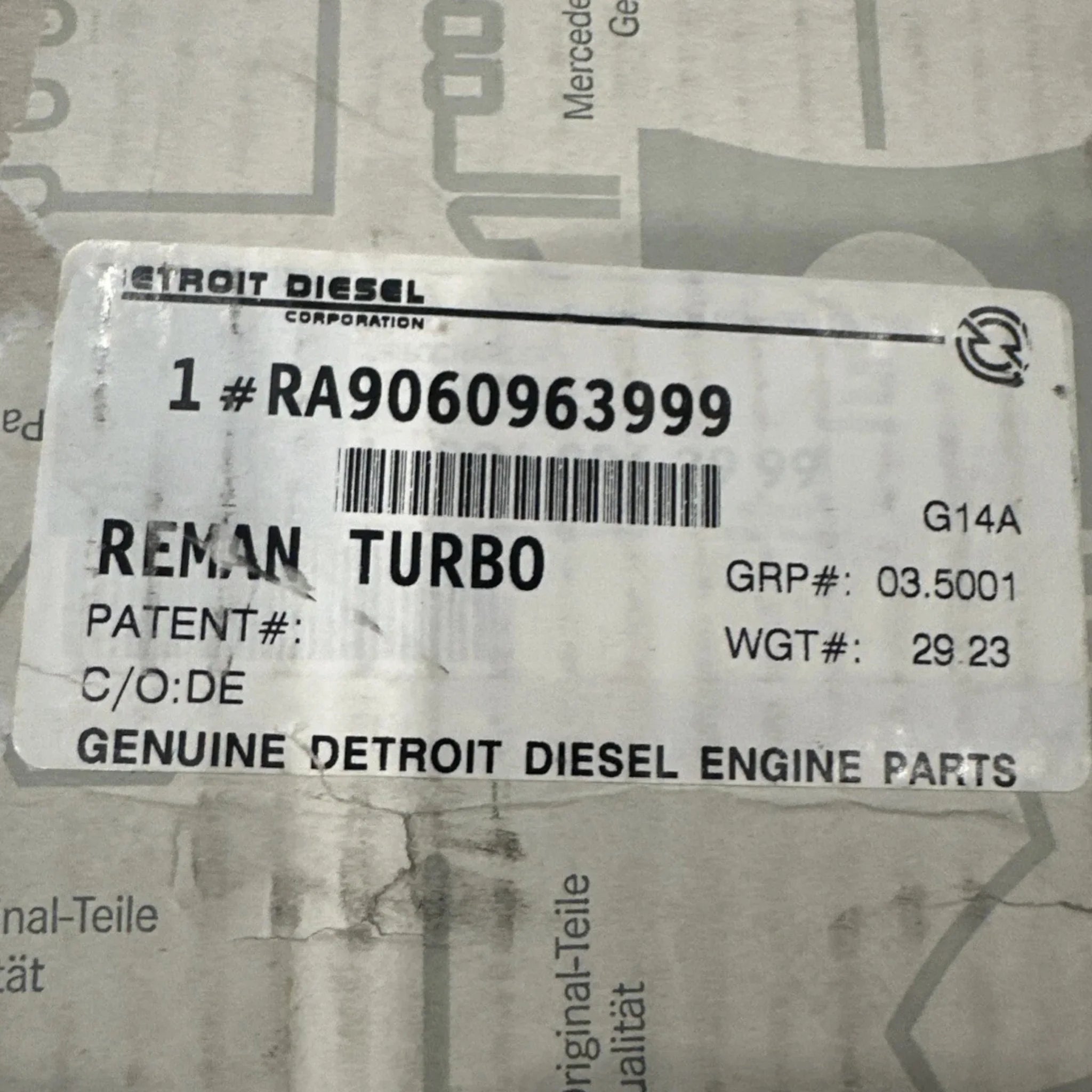 DDE R9060963999 Genuine Detroit Diesel Turbocharger