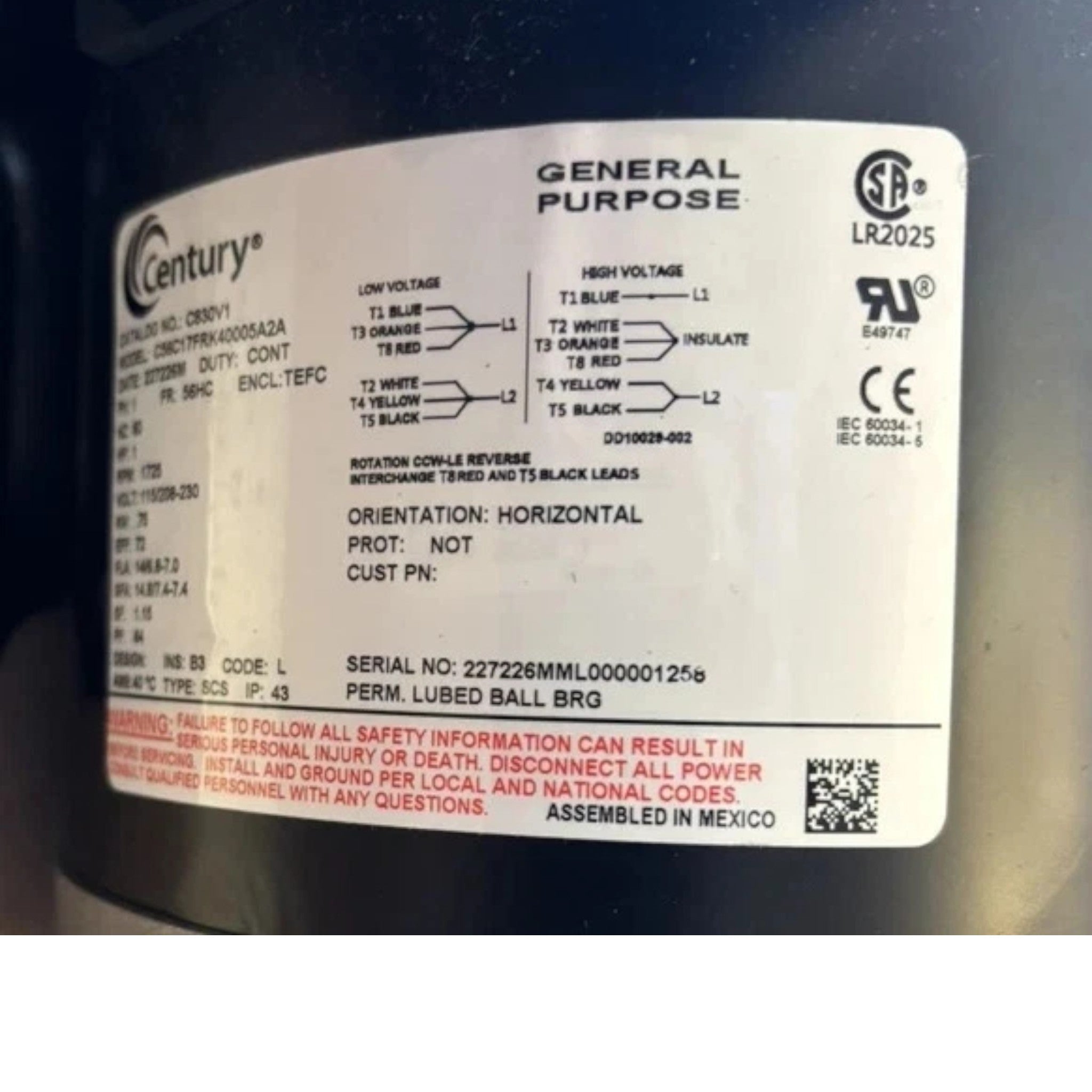 C830V1 Century General Purpose Motor 115/208-230V