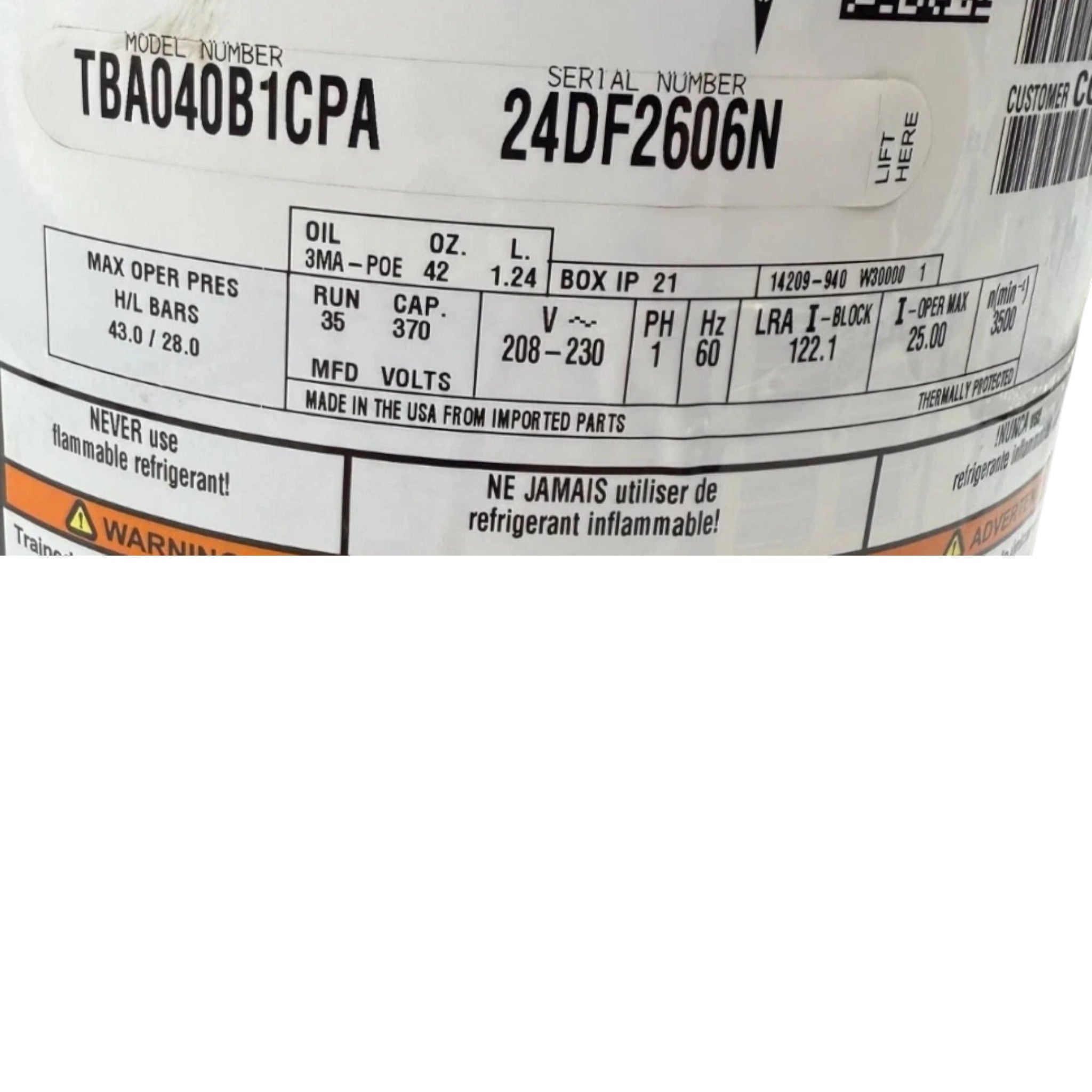TBA040B1CPA Trane Compressor 208-230V