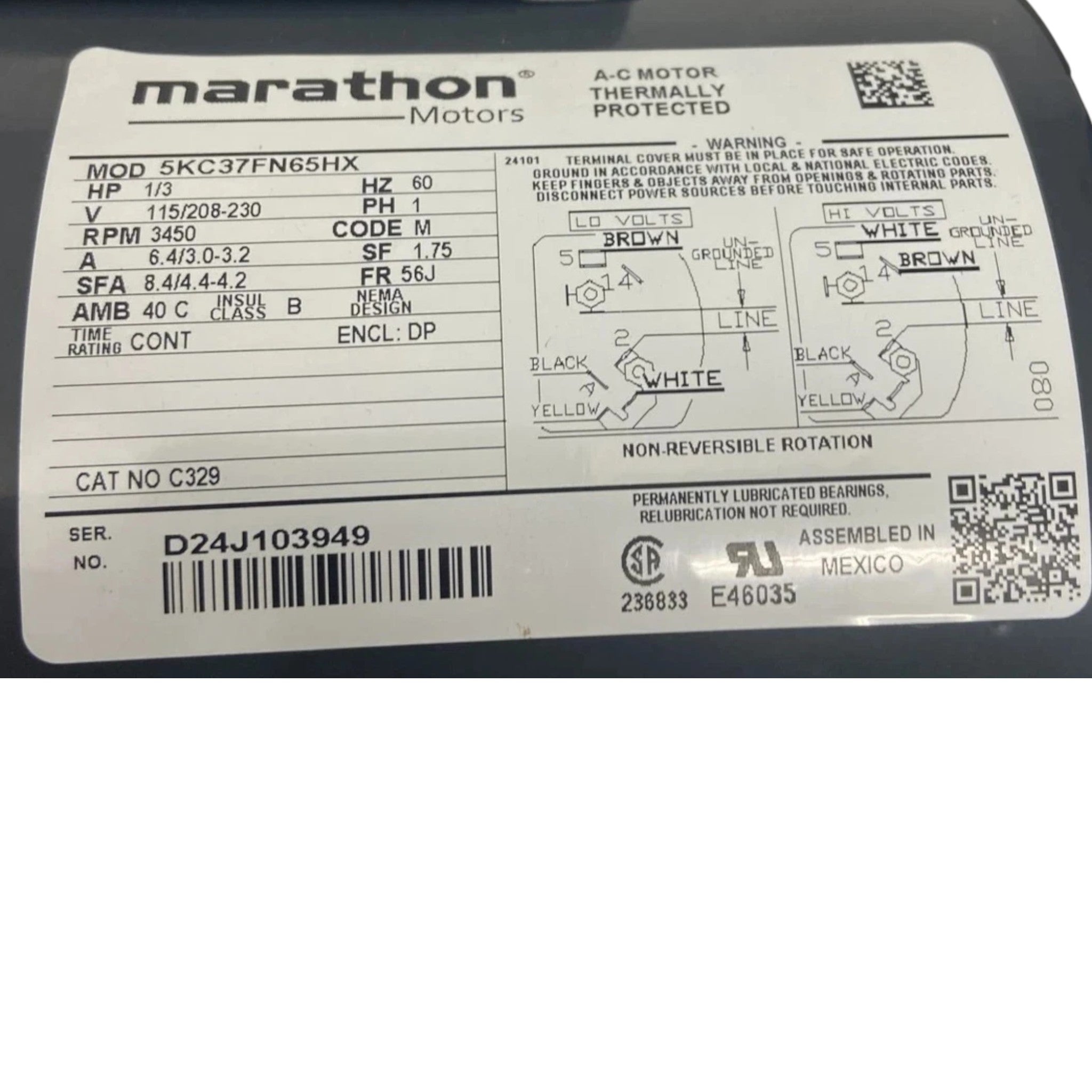 5KC37FN65HX Marathon General Purpose Pump Motor 115/208-230V