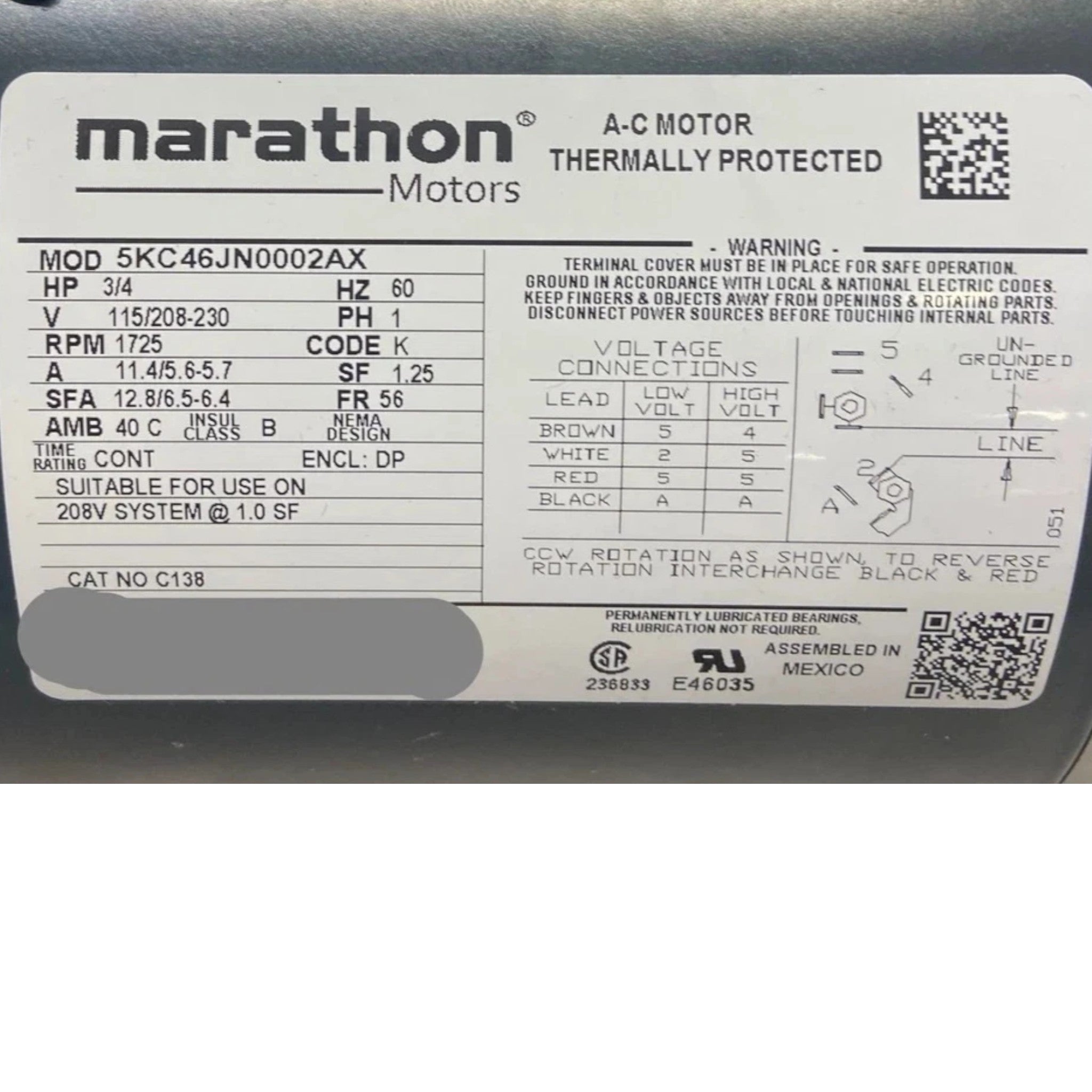 5KC46JN0002AX Genuine Marathon General Purpose Motor 115/208-230V
