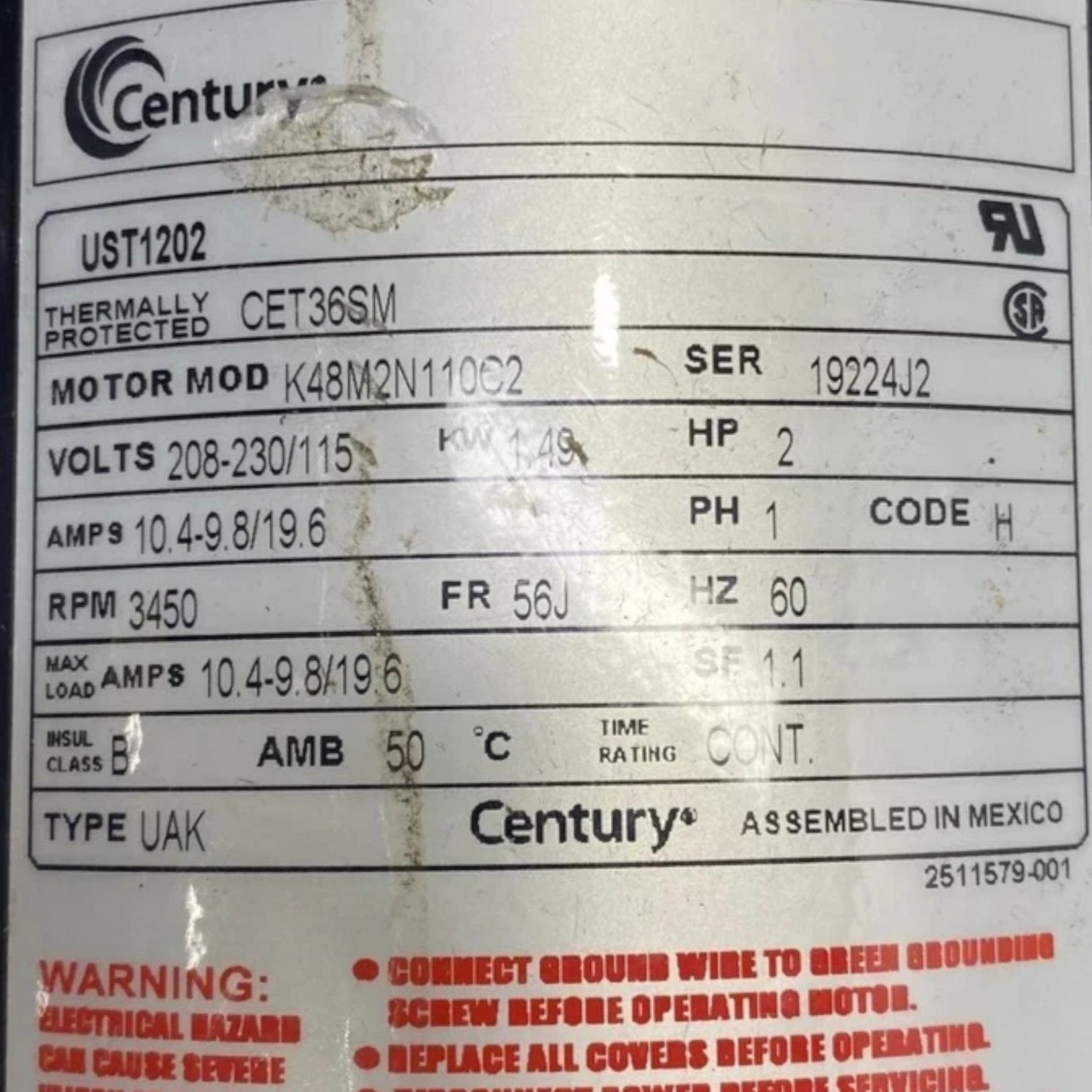 UST1202 Genuine Century Flange Pump Motor 208-230/115V