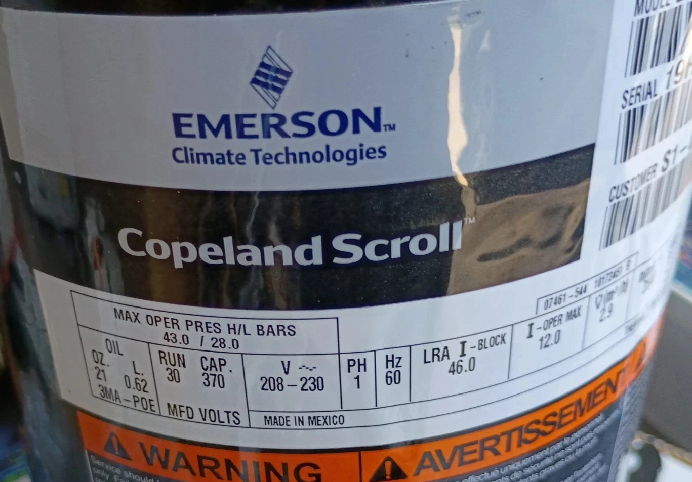 ZP14KAEPFV800 Genuine Copeland Scroll Compressor 208-230V